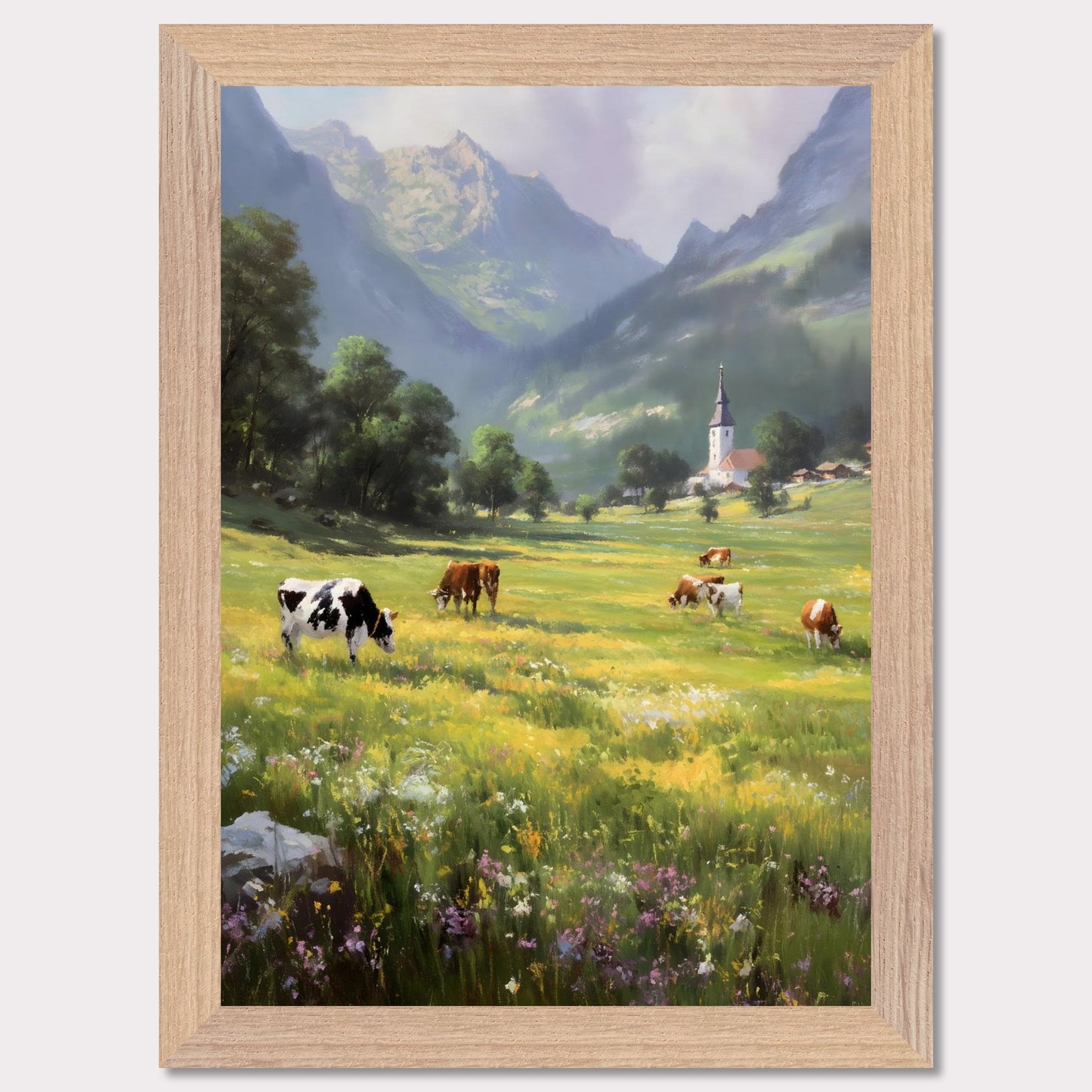 A bright valley bursts into life with cows scattered across wildflower meadows. Behind them, a quaint village church stands framed by alpine peaks. This scene is a celebration of slowness — of sun-warmed grass and steady breath.