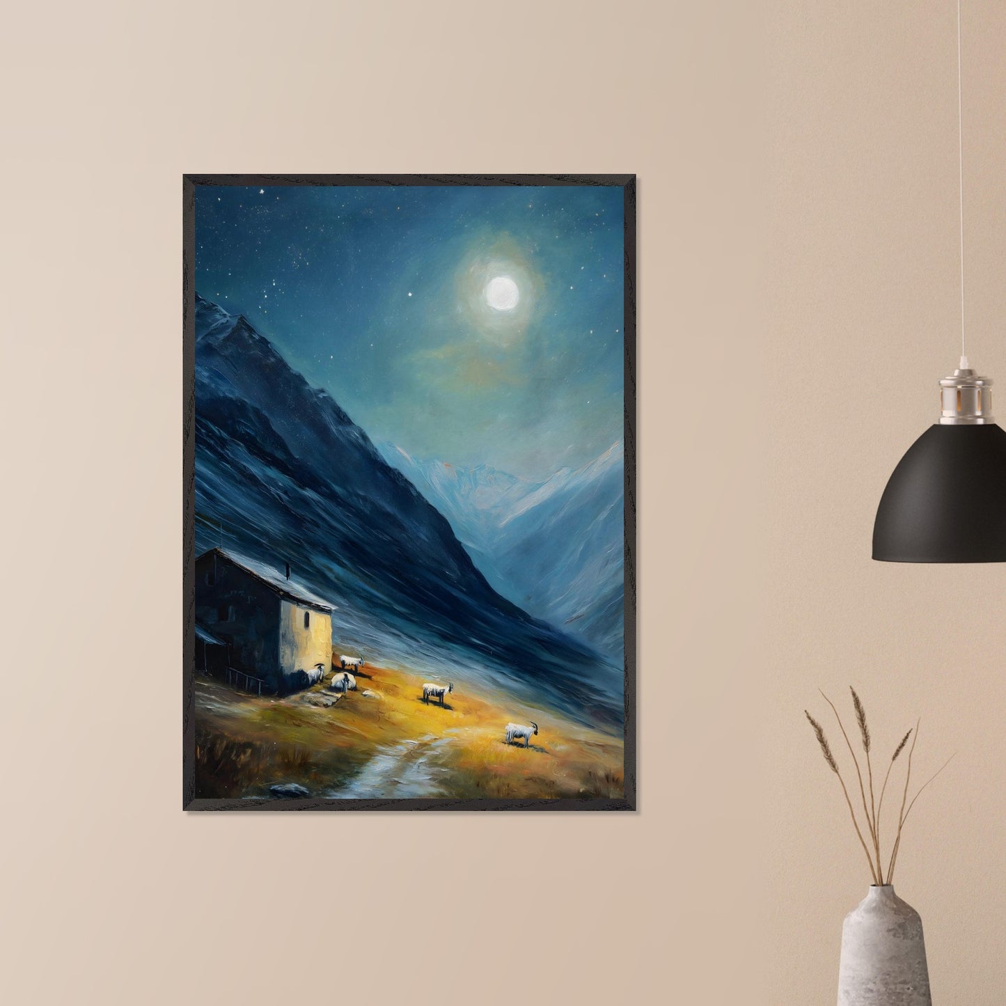 Nestled between dramatic cliffs, a single farmhouse glows under a sky heavy with storm and sun. The valley holds its breath — clouds swirl above while the earth remains grounded, golden, and still. This is a refuge at the edge of wildness.