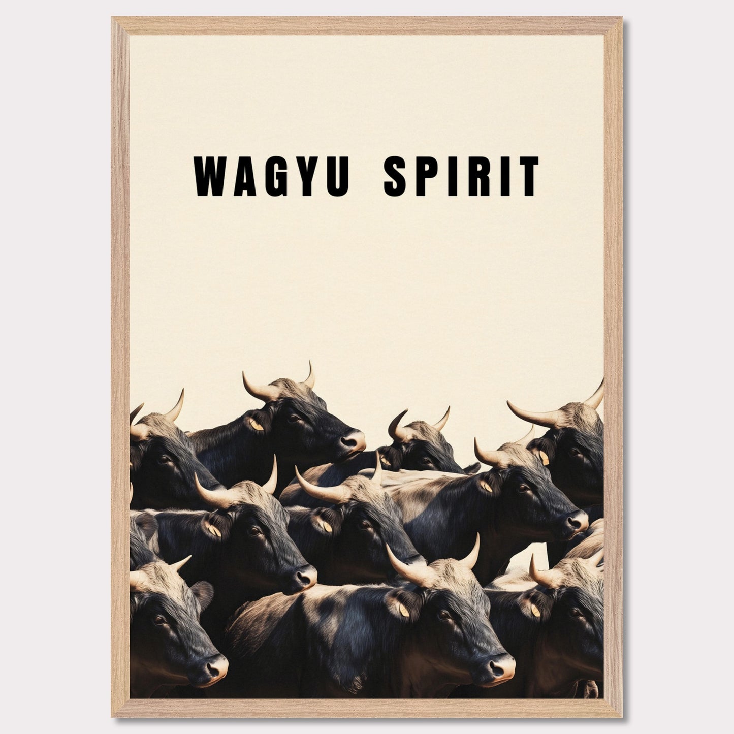This illustration shows a group of black cattle with horns, set against a light background. The text "WAGYU SPIRIT" is prominently displayed at the top.
This poster will fit well in a kitchen, dining area, restaurant, or any space related to food and culinary arts.