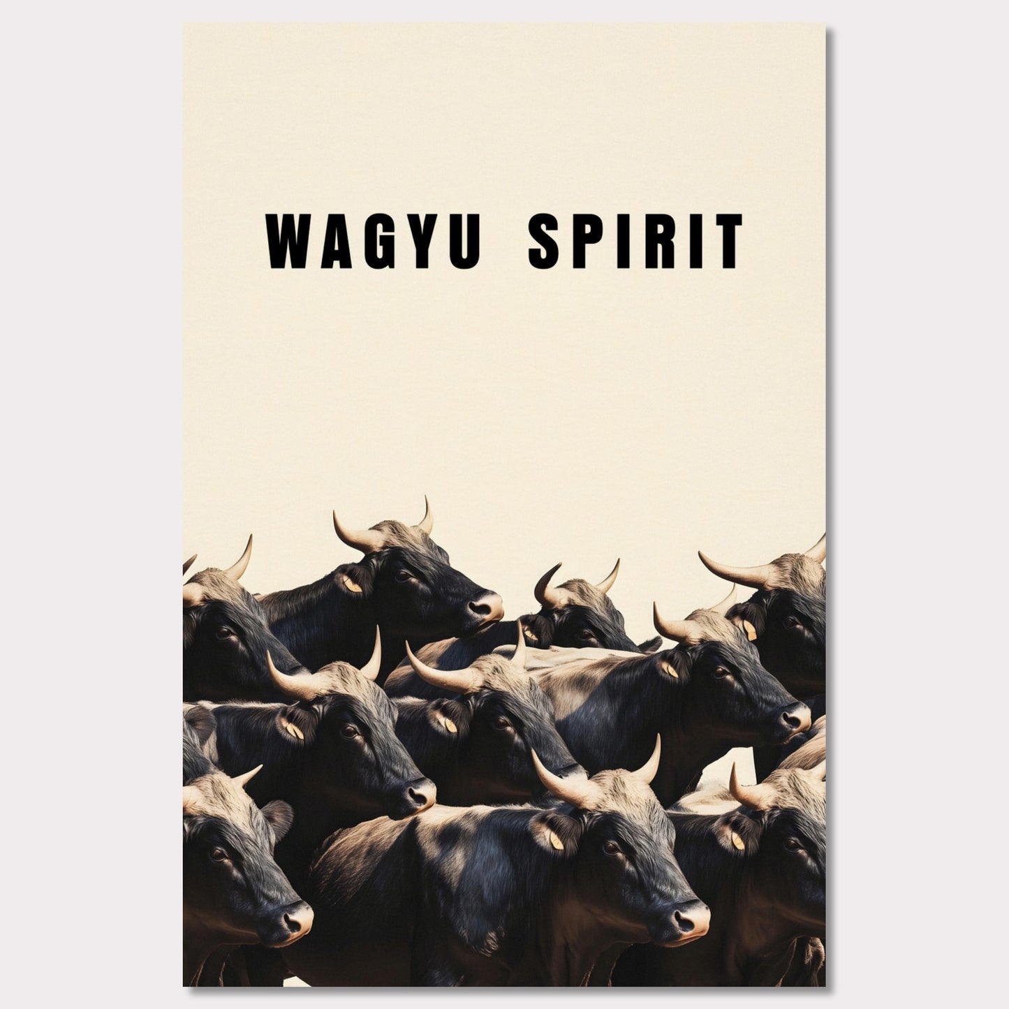 This illustration shows a group of black cattle with horns, set against a light background. The text "WAGYU SPIRIT" is prominently displayed at the top.
This poster will fit well in a kitchen, dining area, restaurant, or any space related to food and culinary arts.