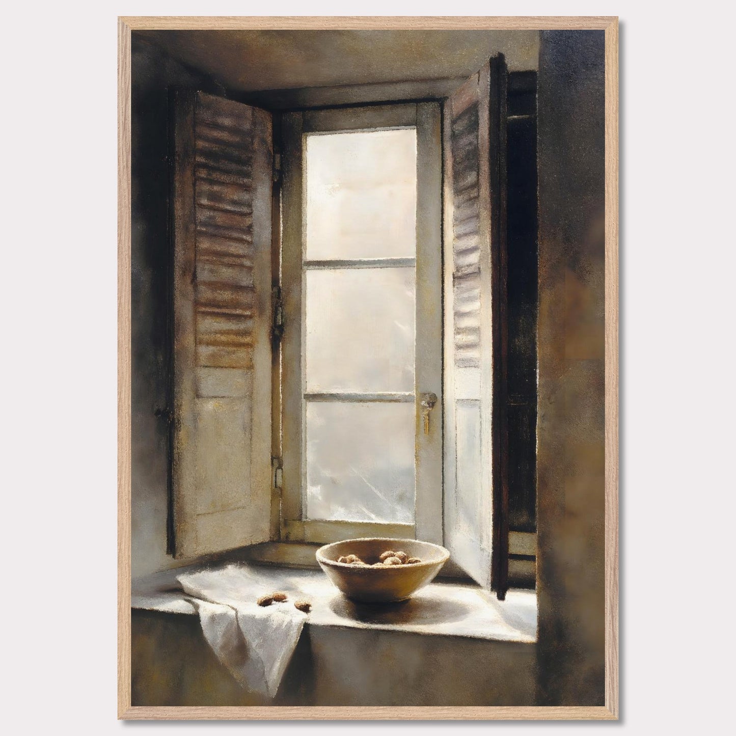 Golden light streams through an old shuttered window, catching the edge of a ceramic bowl filled with walnuts. A linen cloth rests gently nearby, suggesting quiet hands and slow mornings. This image is domestic poetry — a tribute to texture, stillness, and time.