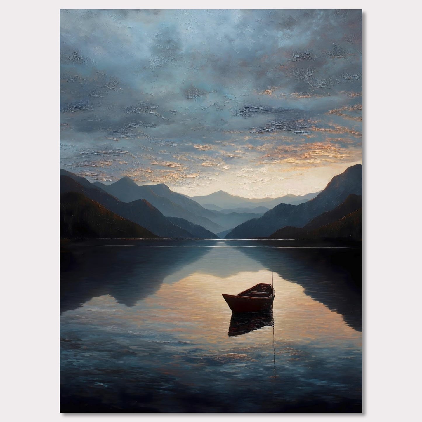 A single red boat floats gently on a vast, darkening lake as mountains fade into layered blues. The sunset brushes the clouds and water with soft amber and grey. A perfect study in stillness, solitude, and awe.