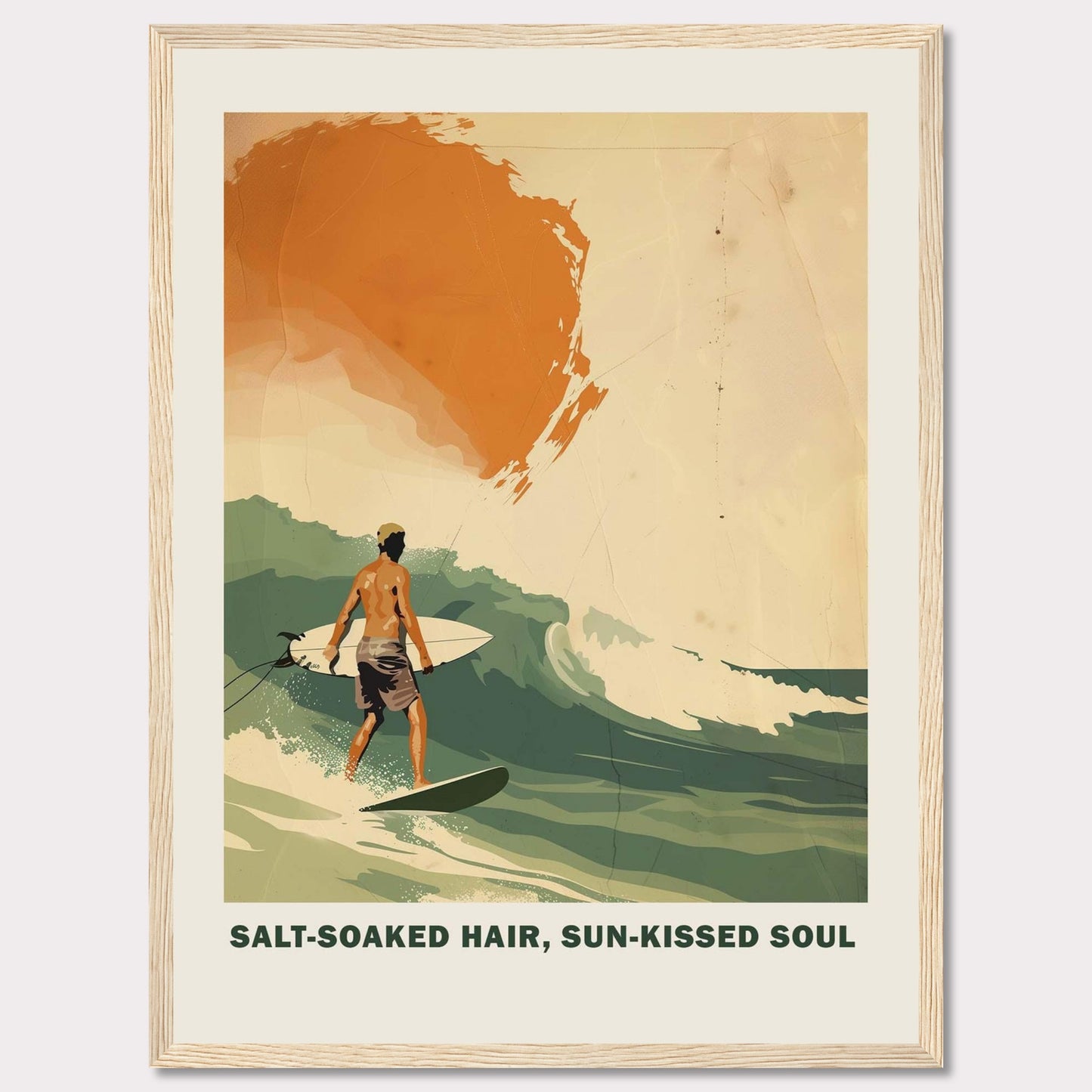 This vibrant poster showcases a surfer riding a wave with the sun setting in the background.