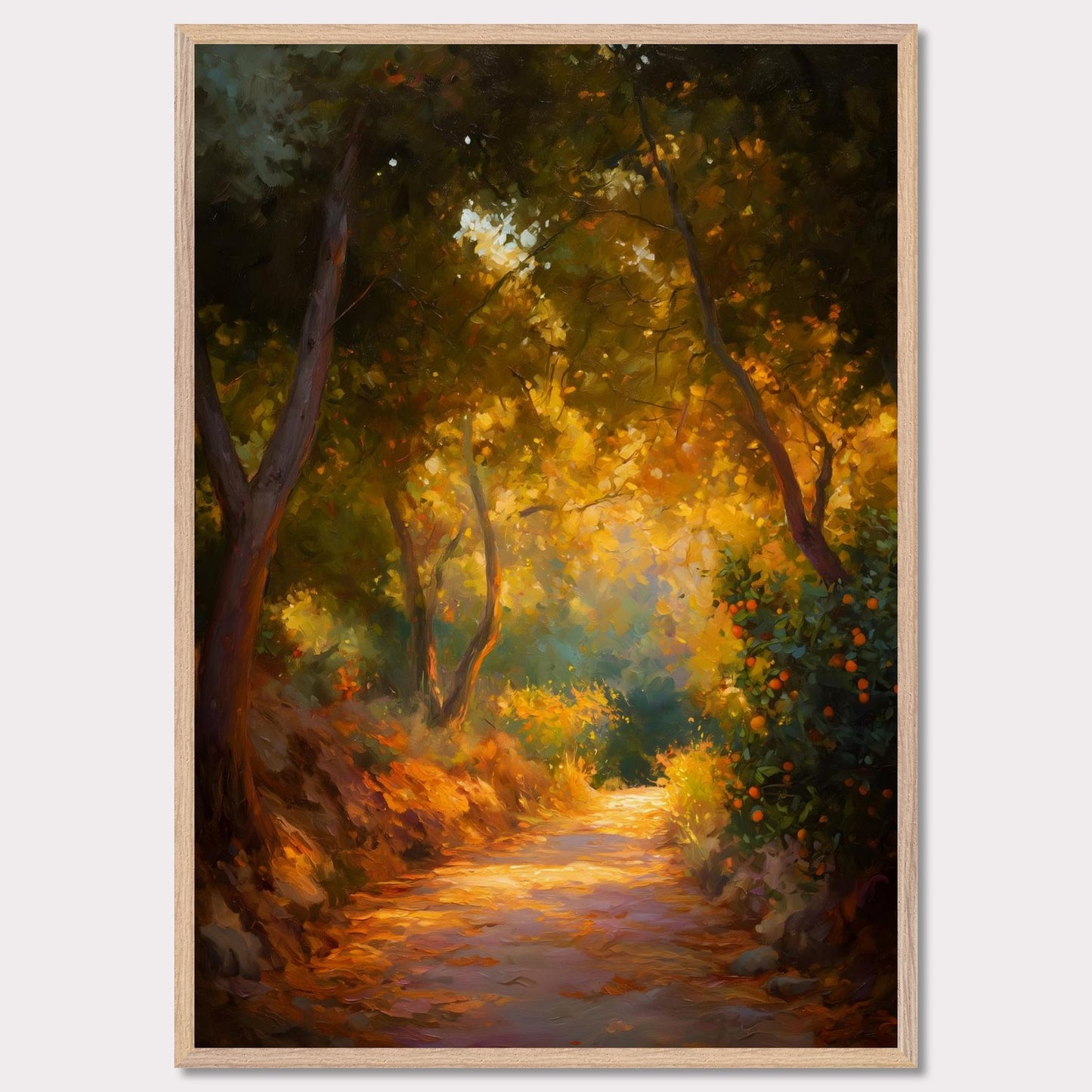 Golden leaves and oranges glow in a forested bend, where light pours through branches onto a dusty path. The trees seem to lean in to listen. This image is a slow walk, an ode to scent, light, and memory.