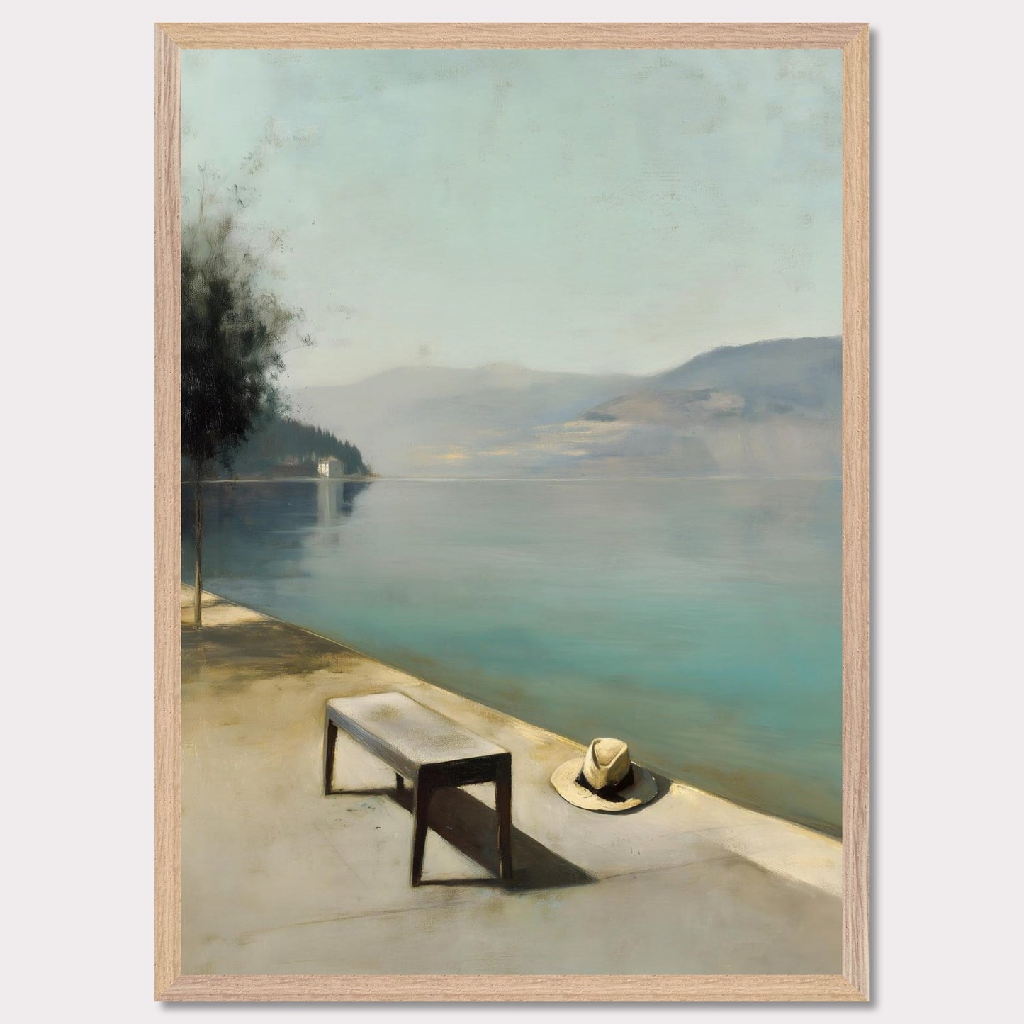 A hat rests beside a bench, left behind or waiting. The water lies smooth as glass, fading into soft mountains and a pale, endless sky. Everything stands still — as if the world paused for breath.