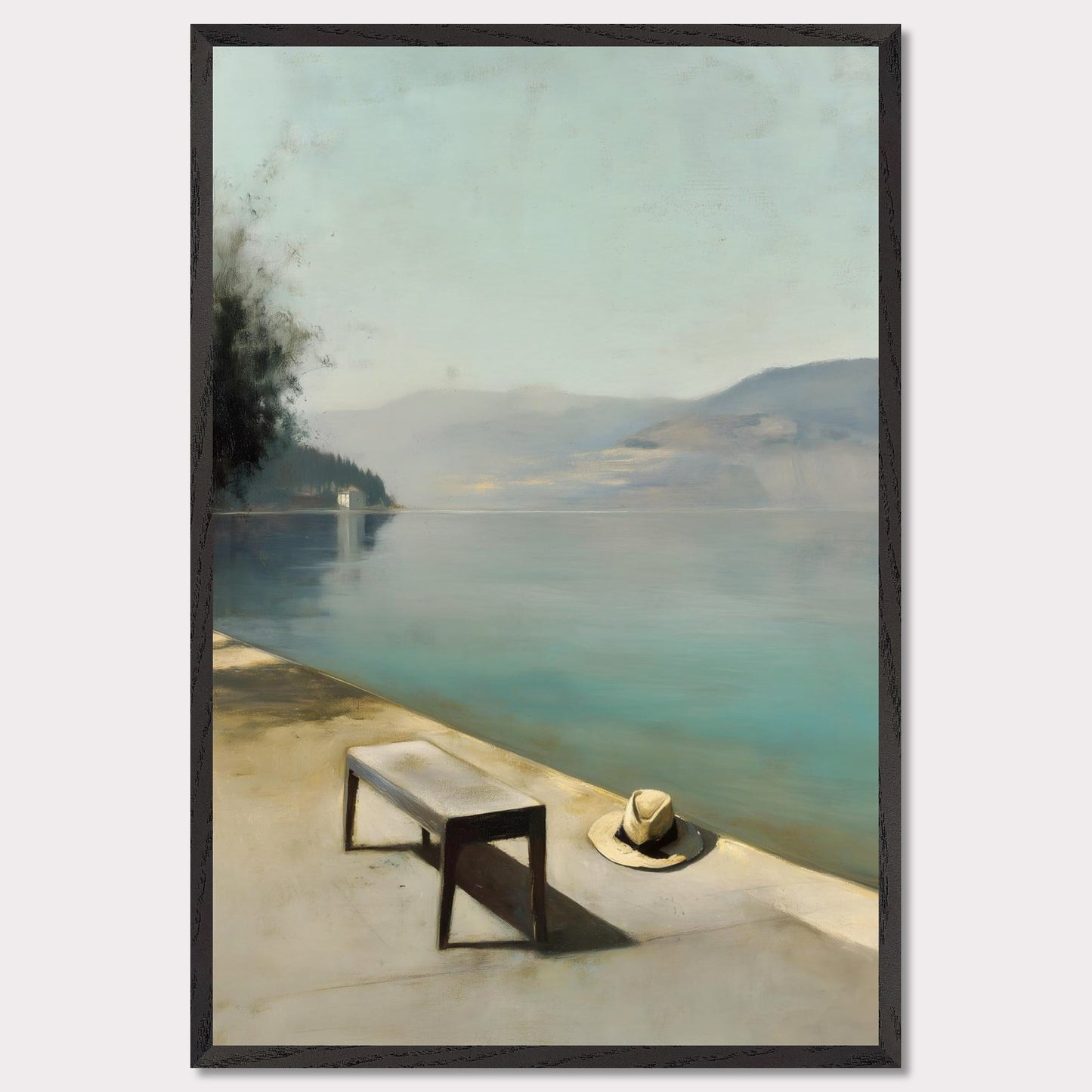 A hat rests beside a bench, left behind or waiting. The water lies smooth as glass, fading into soft mountains and a pale, endless sky. Everything stands still — as if the world paused for breath.