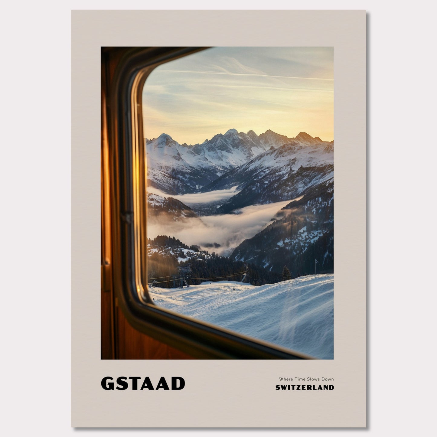 Poster titled 'GSTAAD. Where Time Slows Down' from ArtDarts