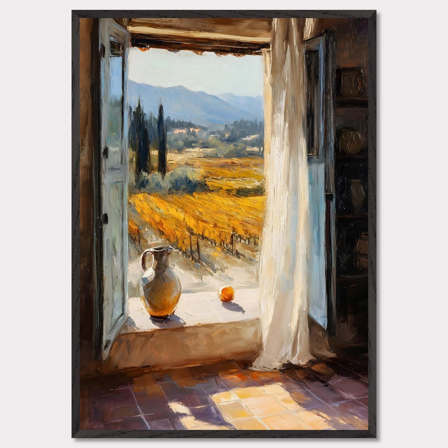 An open shutter reveals golden rows of vineyard glowing in afternoon light. A jug and fruit rest on the sill, as if waiting for someone to return. This image is a sunlit breath, an ode to harvest, pause, and place.