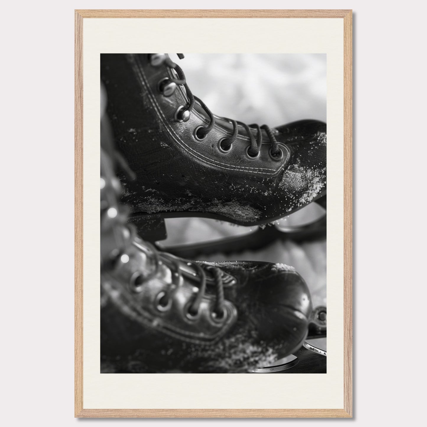 This illustration shows a close-up of a pair of ice skates with laces and blades, featuring a frosty texture. The black-and-white image captures the details of the skates, emphasizing their rugged and worn appearance.