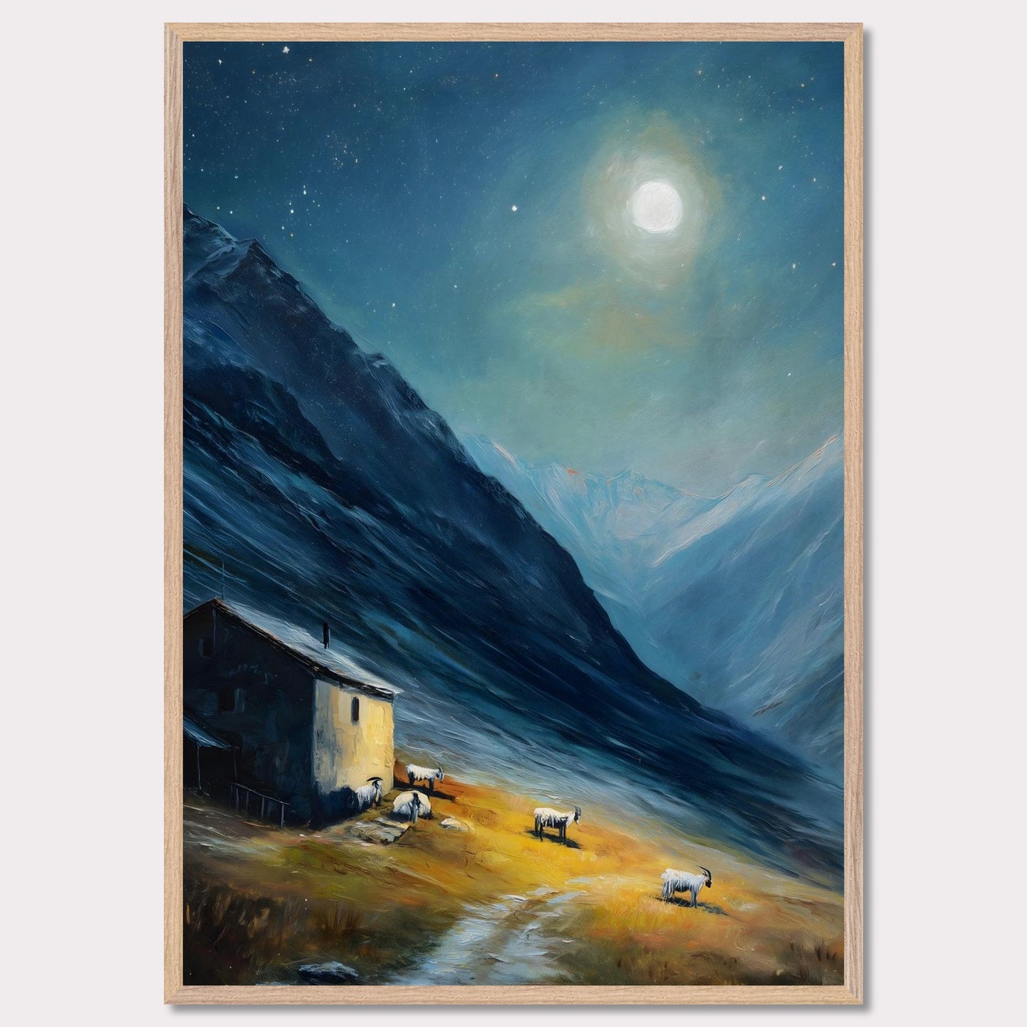 Nestled between dramatic cliffs, a single farmhouse glows under a sky heavy with storm and sun. The valley holds its breath — clouds swirl above while the earth remains grounded, golden, and still. This is a refuge at the edge of wildness.