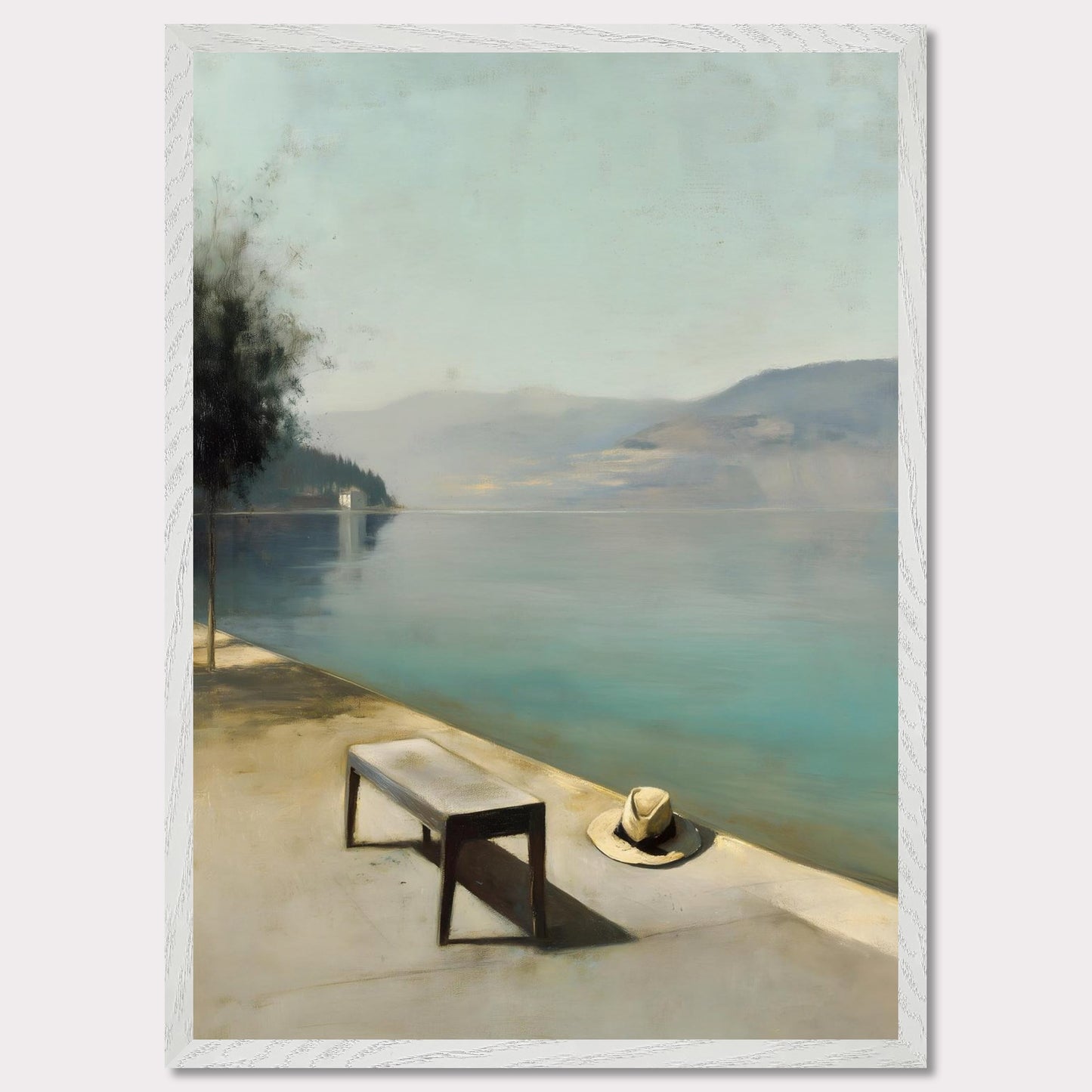 A hat rests beside a bench, left behind or waiting. The water lies smooth as glass, fading into soft mountains and a pale, endless sky. Everything stands still — as if the world paused for breath.