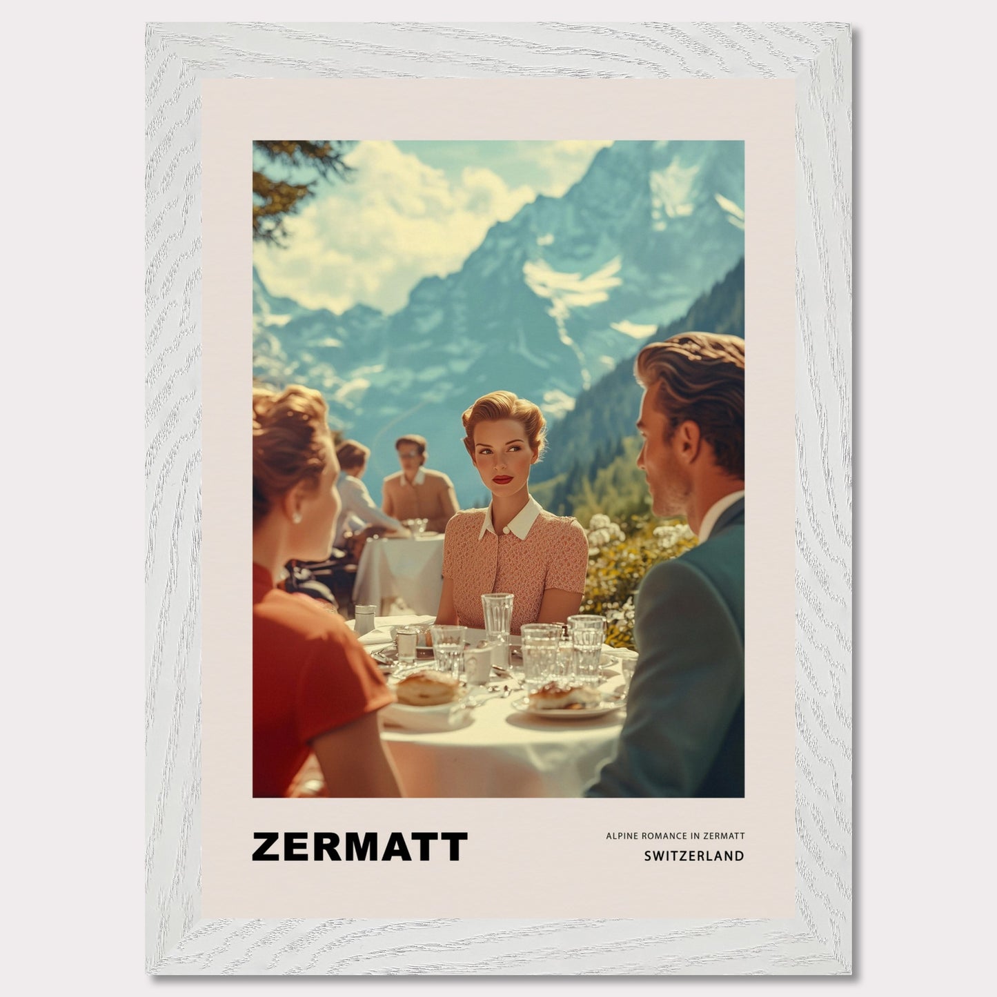 This poster transports us to a world of elegant romance amidst the mountainous landscapes of Zermatt, Switzerland. At the center of the scene is a refined woman with a romantic, enigmatic gaze directed at the man across the table on a café terrace, set against the majestic backdrop of the Alps.