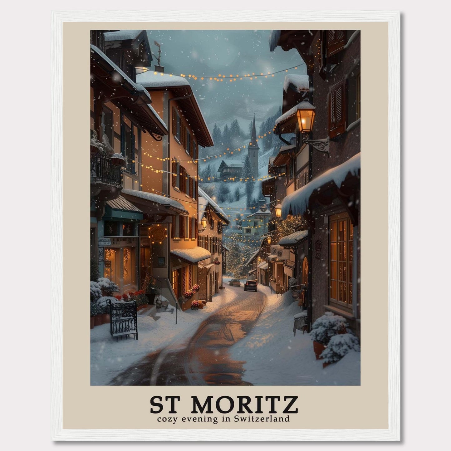 This photo showcases a charming winter evening in St. Moritz, Switzerland. The scene features snow-covered streets adorned with warm, glowing lights, quaint buildings with festive decorations, and a serene, picturesque ambiance.