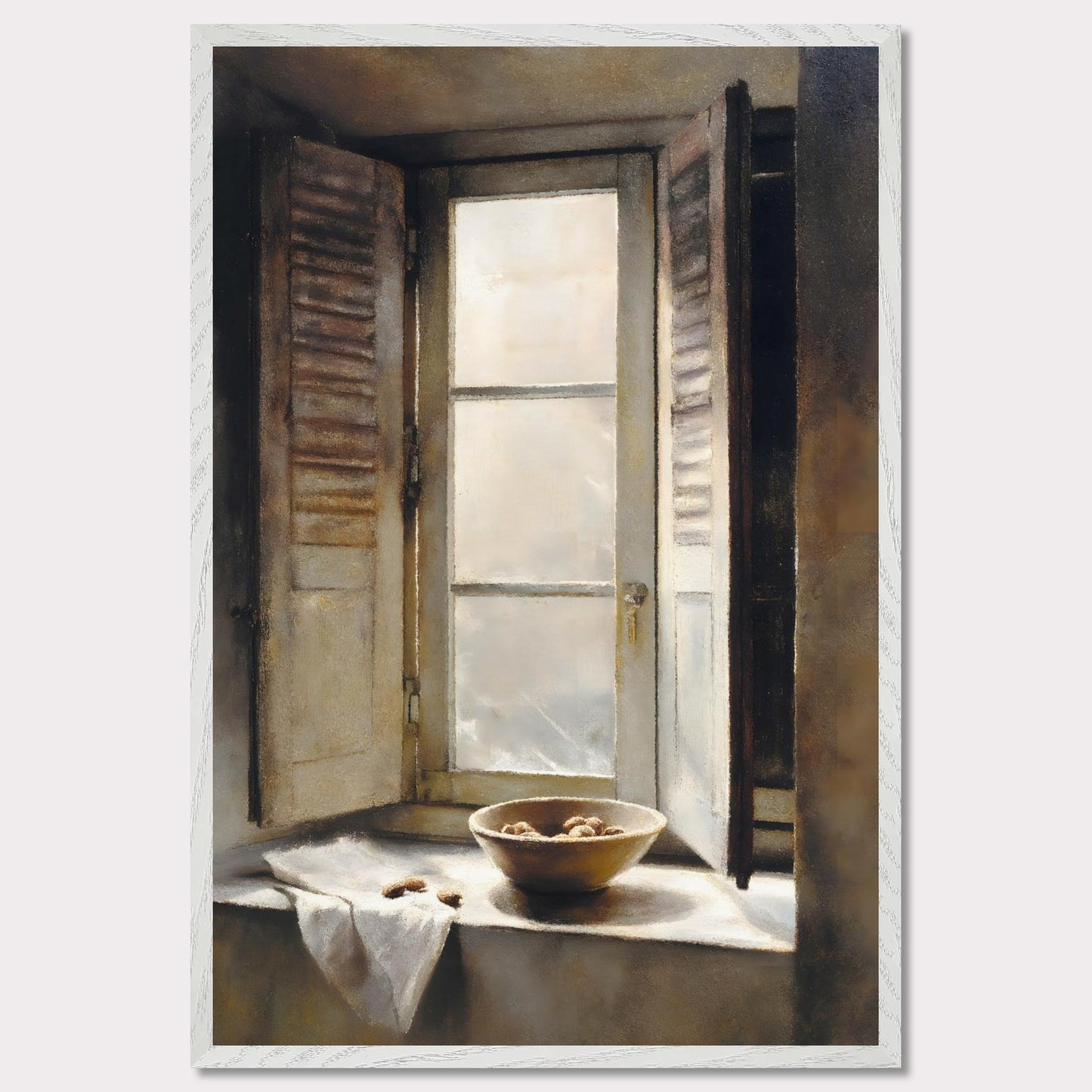 Golden light streams through an old shuttered window, catching the edge of a ceramic bowl filled with walnuts. A linen cloth rests gently nearby, suggesting quiet hands and slow mornings. This image is domestic poetry — a tribute to texture, stillness, and time.