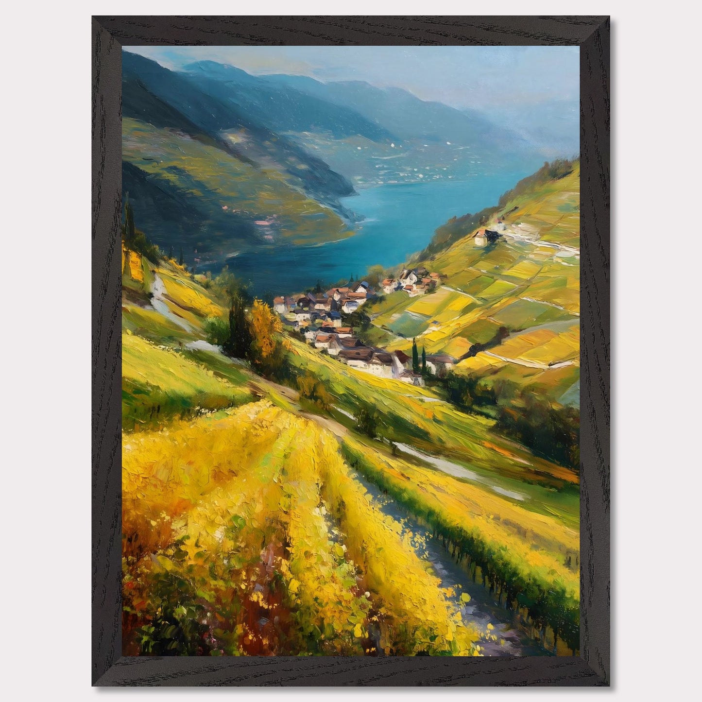Golden vineyards sweep down steep hills toward a quiet lake village. The water shimmers like a mirror between blue ridges. This image is a flowing hillside, an ode to light, labor, and view.
