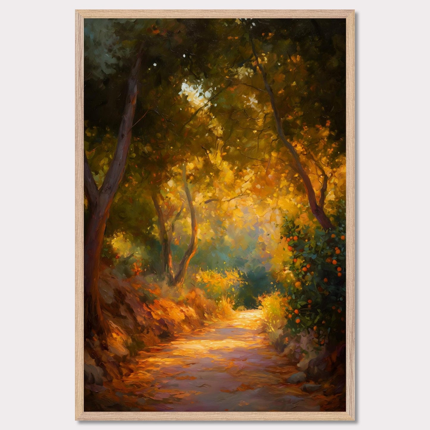 Golden leaves and oranges glow in a forested bend, where light pours through branches onto a dusty path. The trees seem to lean in to listen. This image is a slow walk, an ode to scent, light, and memory.