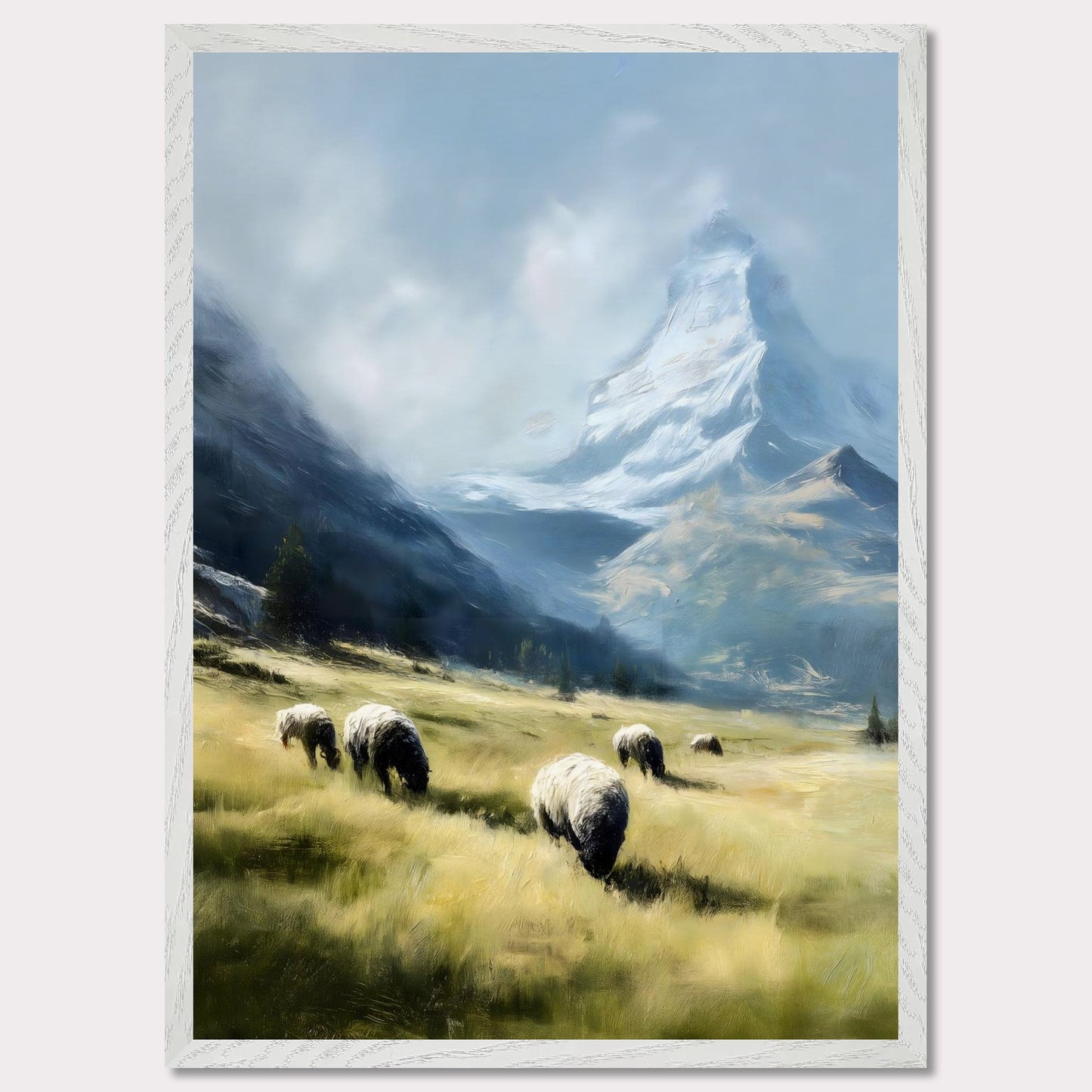In the shadow of the Matterhorn, sheep graze peacefully on sunlit fields. This pastoral scene blends the grandeur of the Alps with the charm of rural life. The softness of the animals and golden grass contrasts beautifully with the snow-covered majesty above.