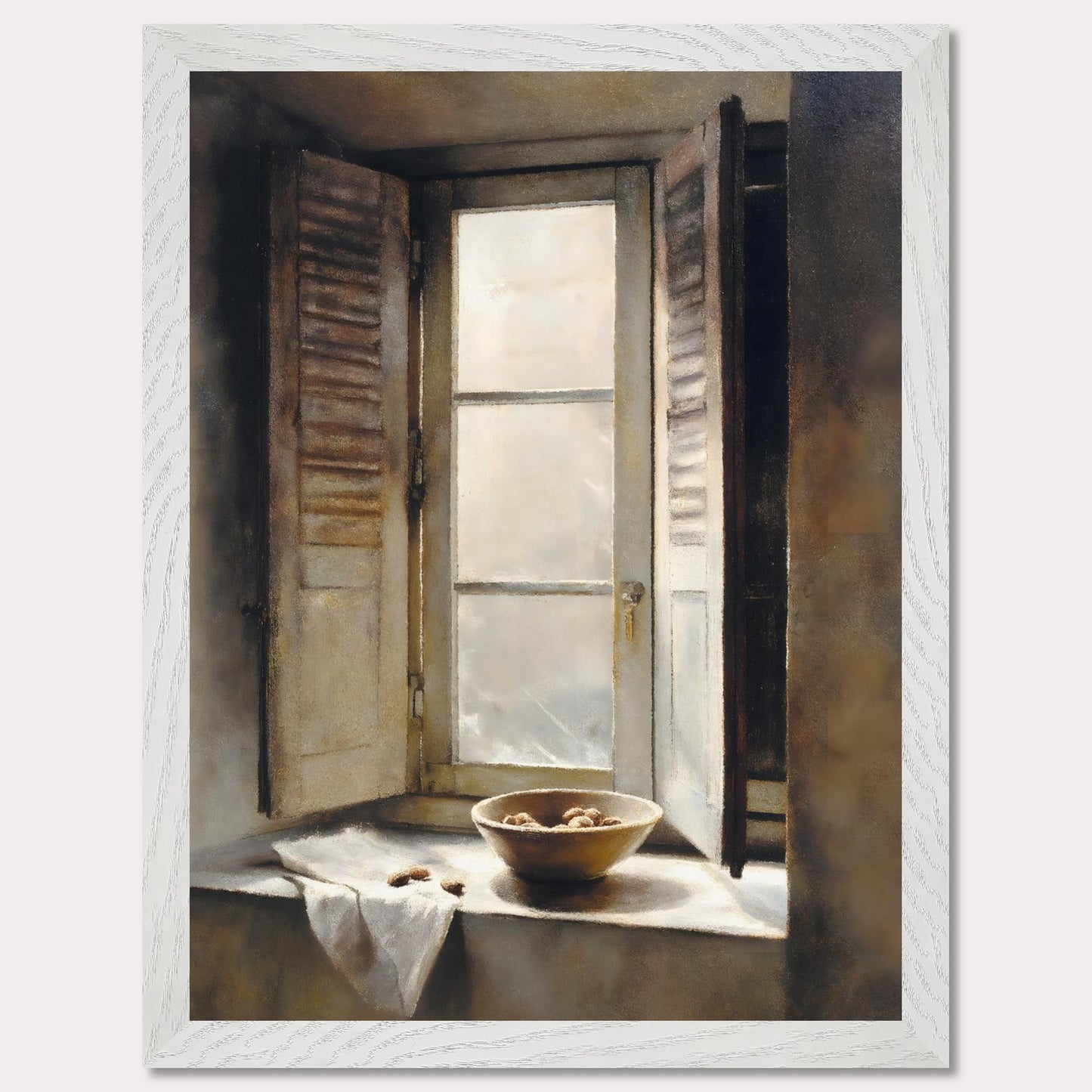 Golden light streams through an old shuttered window, catching the edge of a ceramic bowl filled with walnuts. A linen cloth rests gently nearby, suggesting quiet hands and slow mornings. This image is domestic poetry — a tribute to texture, stillness, and time.