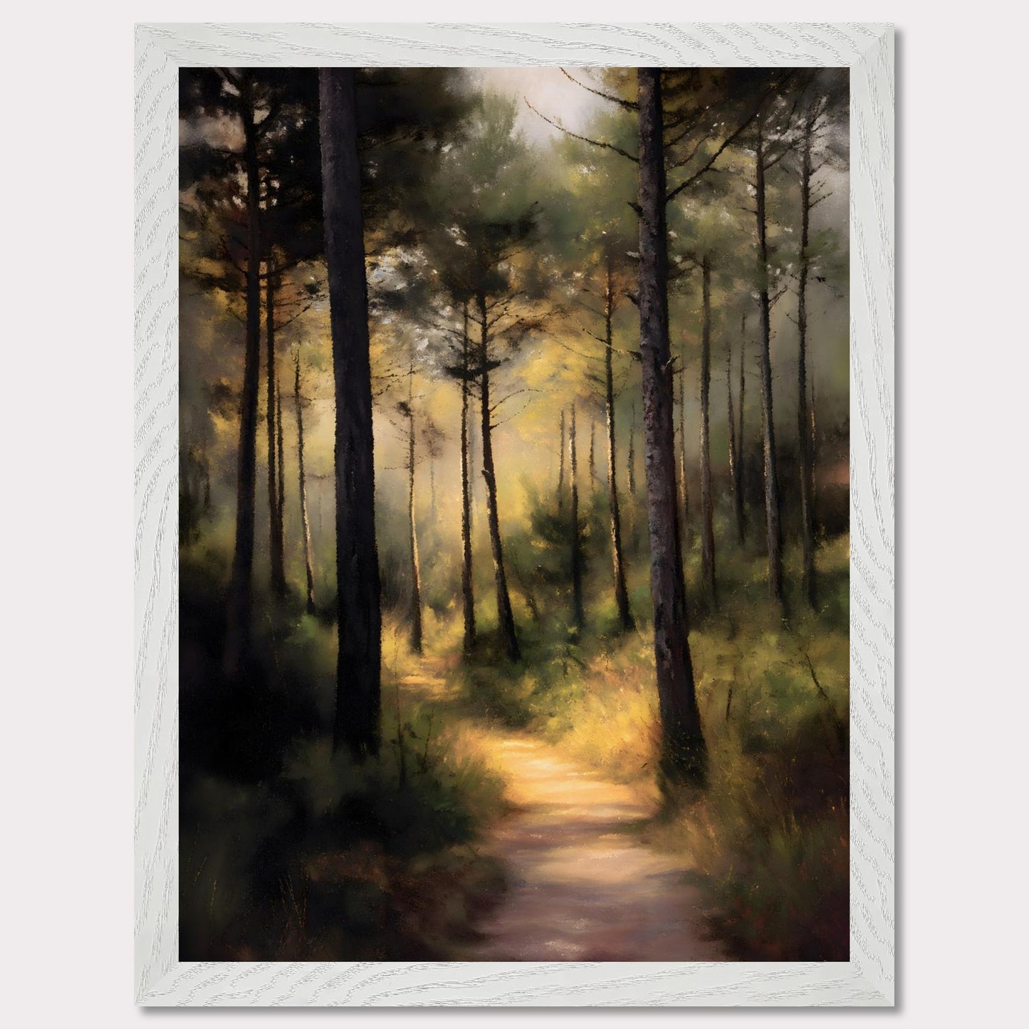 A sunlit forest trail winds through tall trees, their trunks casting long shadows across the mossy ground. Light spills softly in the distance, inviting steps forward into peace. This is not a destination — it's a journey into serenity.
