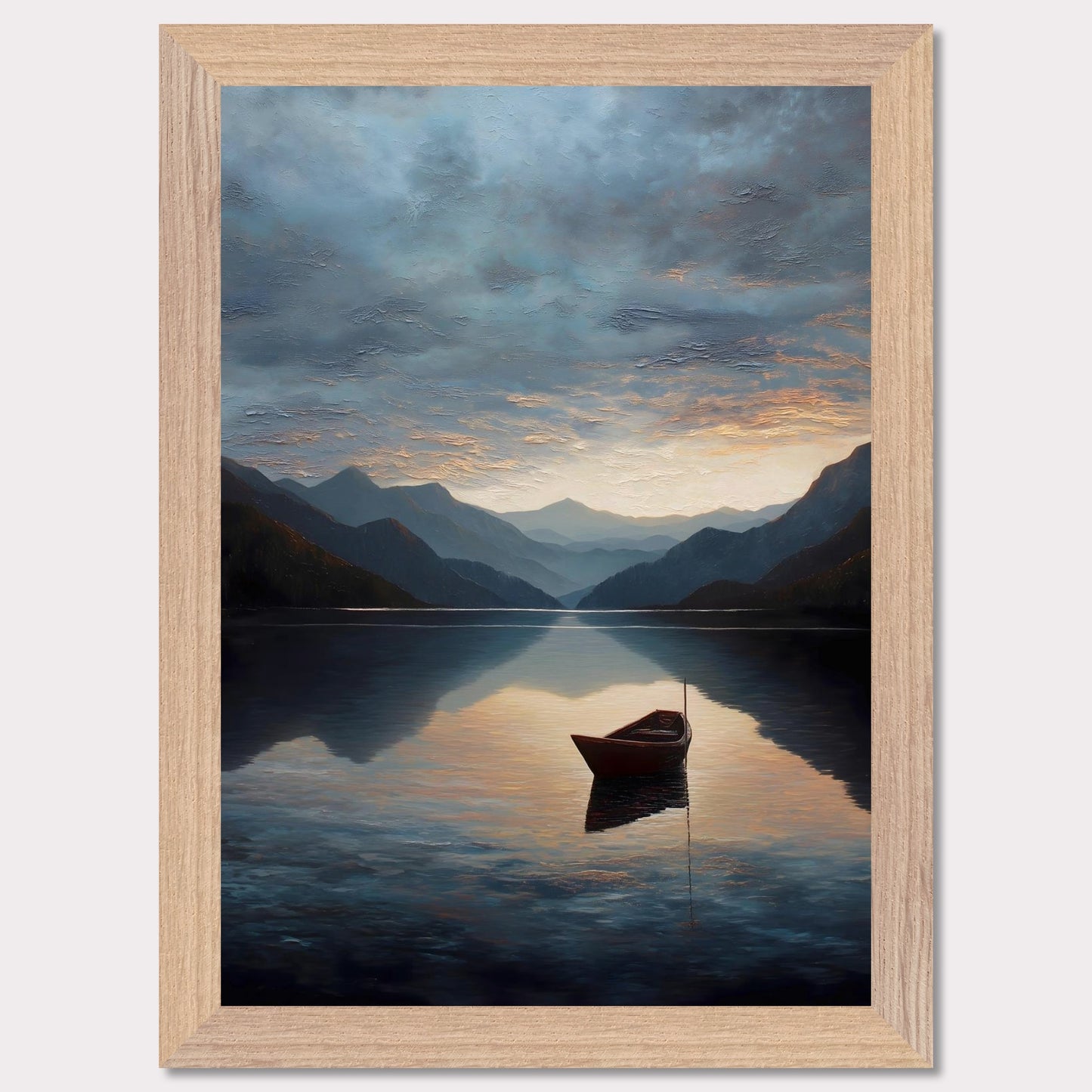 A single red boat floats gently on a vast, darkening lake as mountains fade into layered blues. The sunset brushes the clouds and water with soft amber and grey. A perfect study in stillness, solitude, and awe.