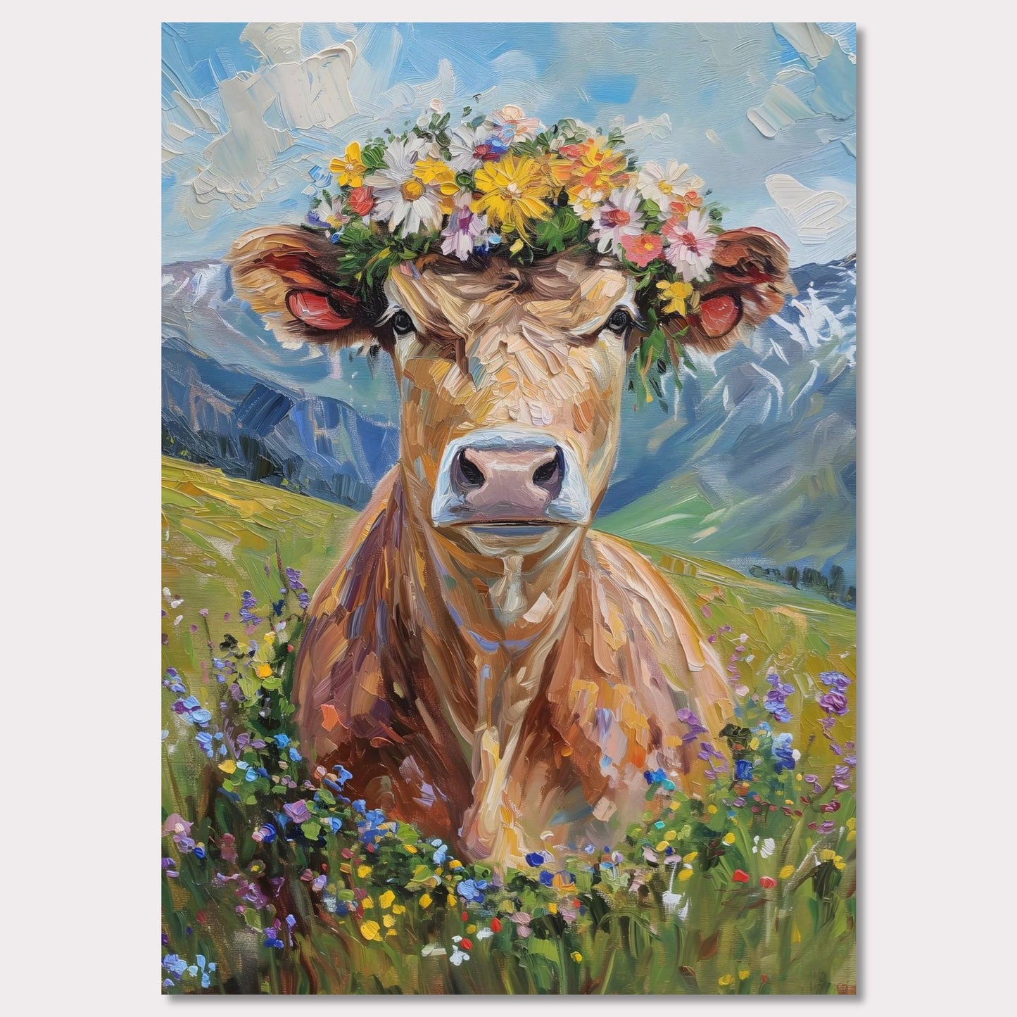 Poster titled 'Fluffy cow in a wreath Poster' from ArtDarts