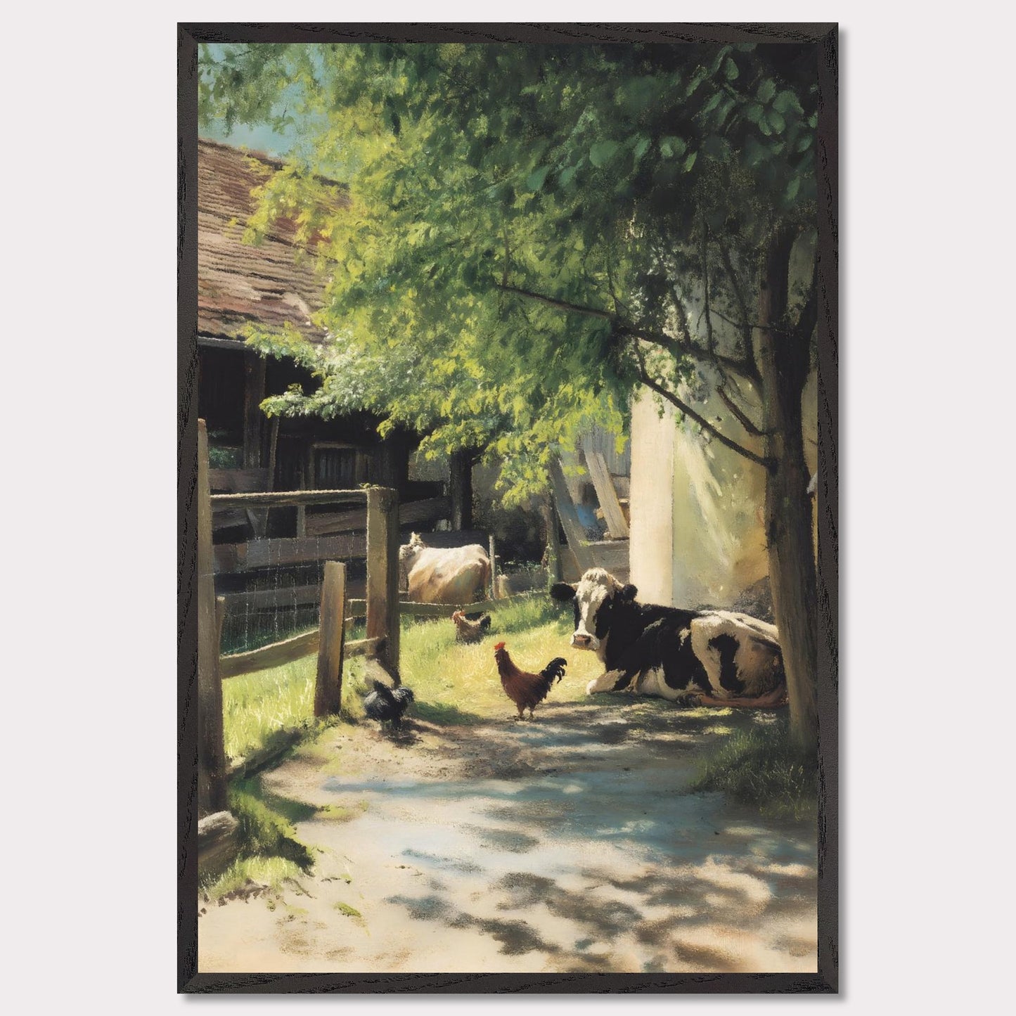 Sunlight filters through the trees over a peaceful farmyard. Cows and chickens relax in dappled shade, a humble scene of daily life in the Alps. The rhythm is slow, and everything is exactly as it should be.