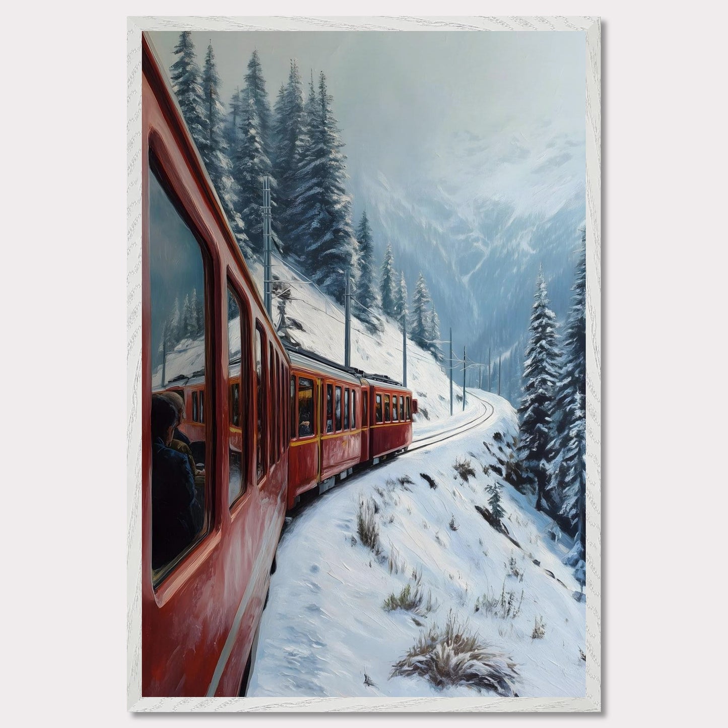A red alpine train rounds a snow-covered bend, threading between pine-clad slopes and winter valleys. Reflections in the windows hint at warm journeys through a frozen world. This image hums with motion and memory — an homage to travel, contrast, and time.