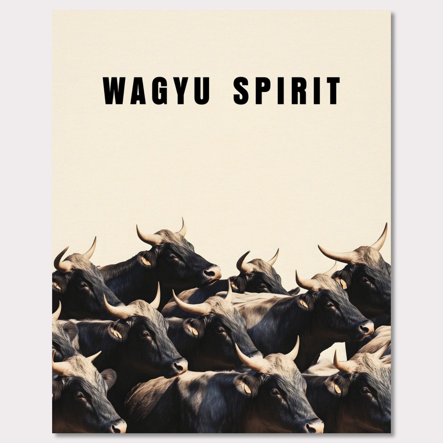 This illustration shows a group of black cattle with horns, set against a light background. The text "WAGYU SPIRIT" is prominently displayed at the top.
This poster will fit well in a kitchen, dining area, restaurant, or any space related to food and culinary arts.