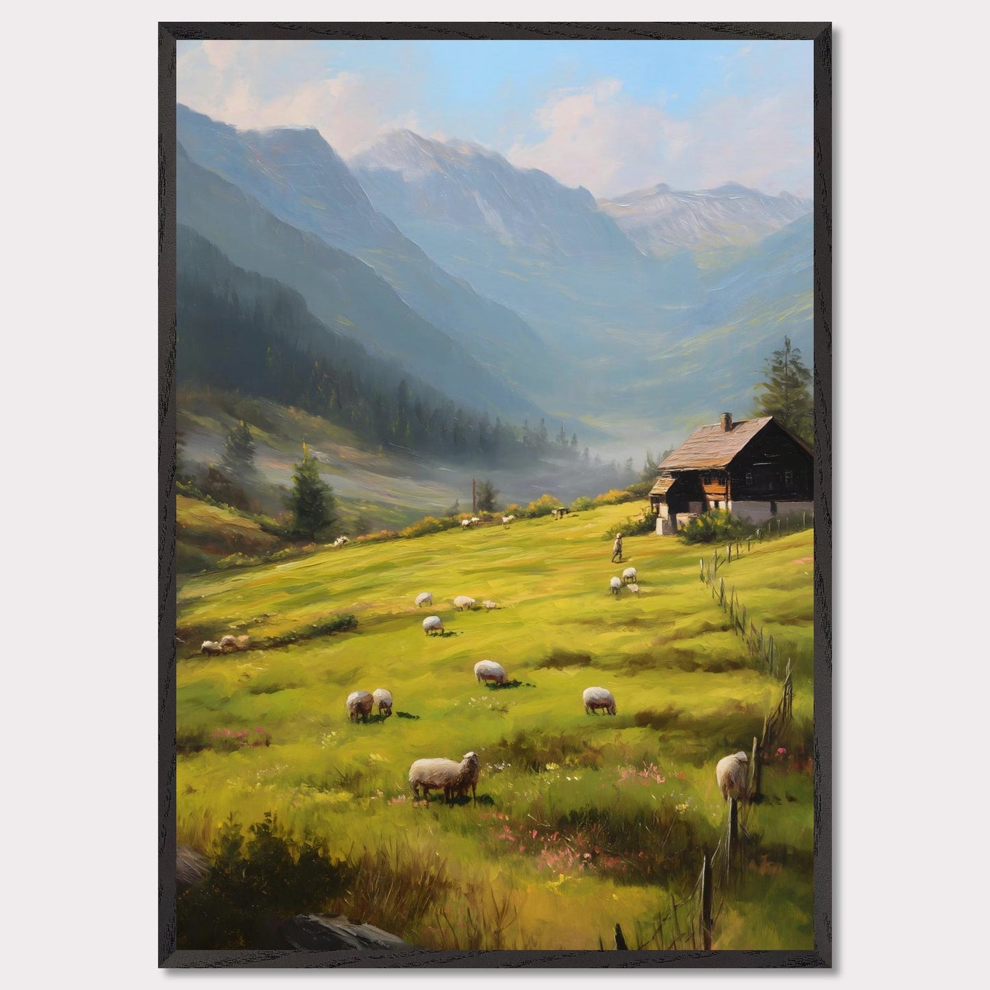 Golden morning light washes over rolling fields as sheep wander freely. A traditional alpine house stands quietly, facing the rising mist among distant peaks. This is the beginning of a calm, purposeful day in the heart of the Alps.