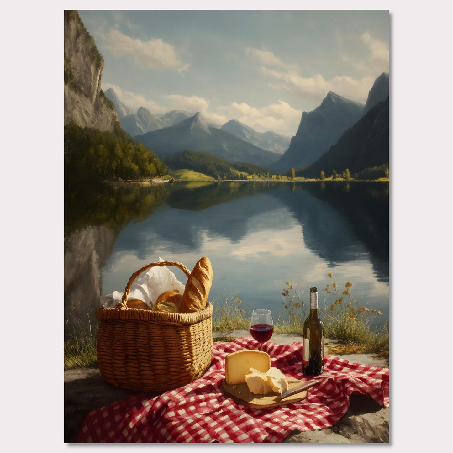 Not a ripple on the lake. The peaks and sky reflect with absolute clarity. A picnic waits untouched, surrounded by silence and stillness. This is more than a moment — it’s a meditation on presence, balance, and beauty.