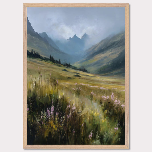 A field of tall alpine grass and soft purple blooms unfolds into misty blue peaks. There's no sign of movement, only the gentle hush of nature breathing. The scene is vast, untamed, and filled with the quiet promise of summer in the highlands.