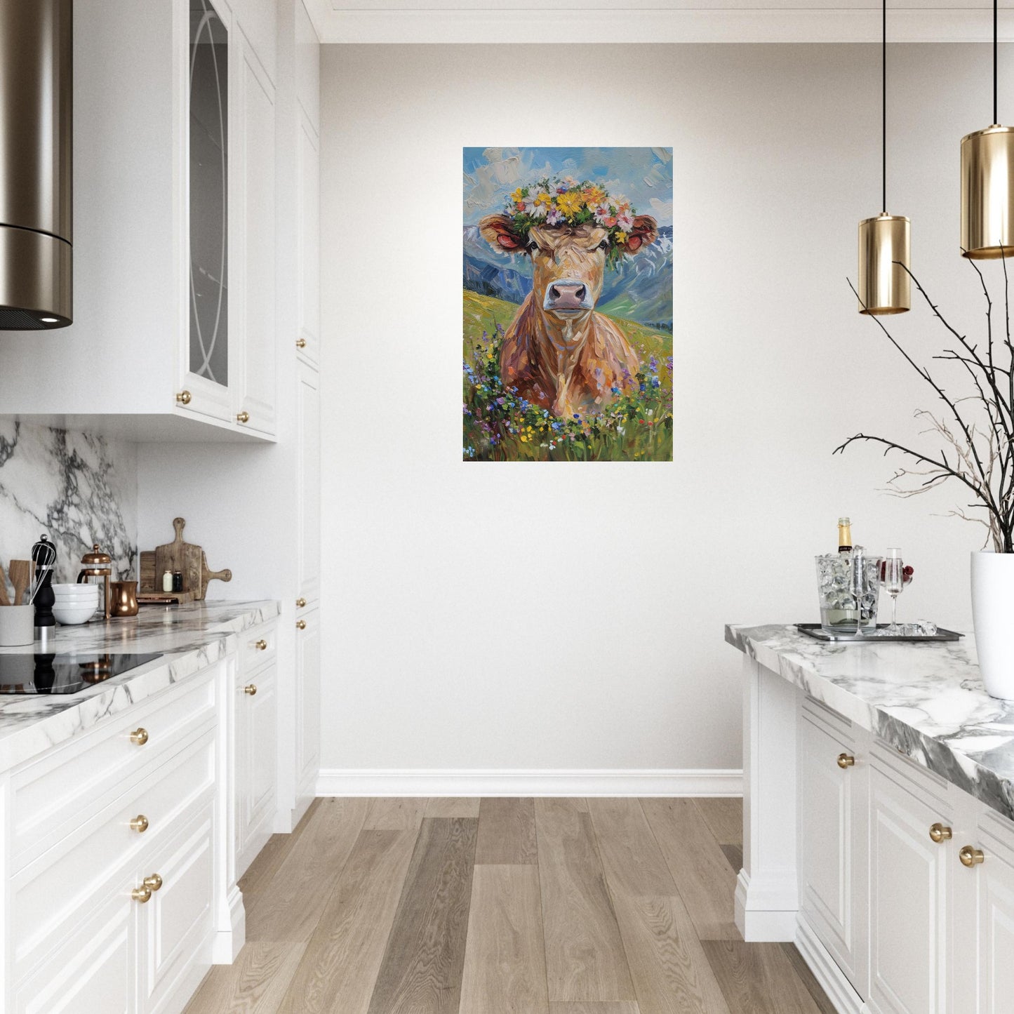 Poster titled 'Fluffy cow in a wreath Poster' from ArtDarts