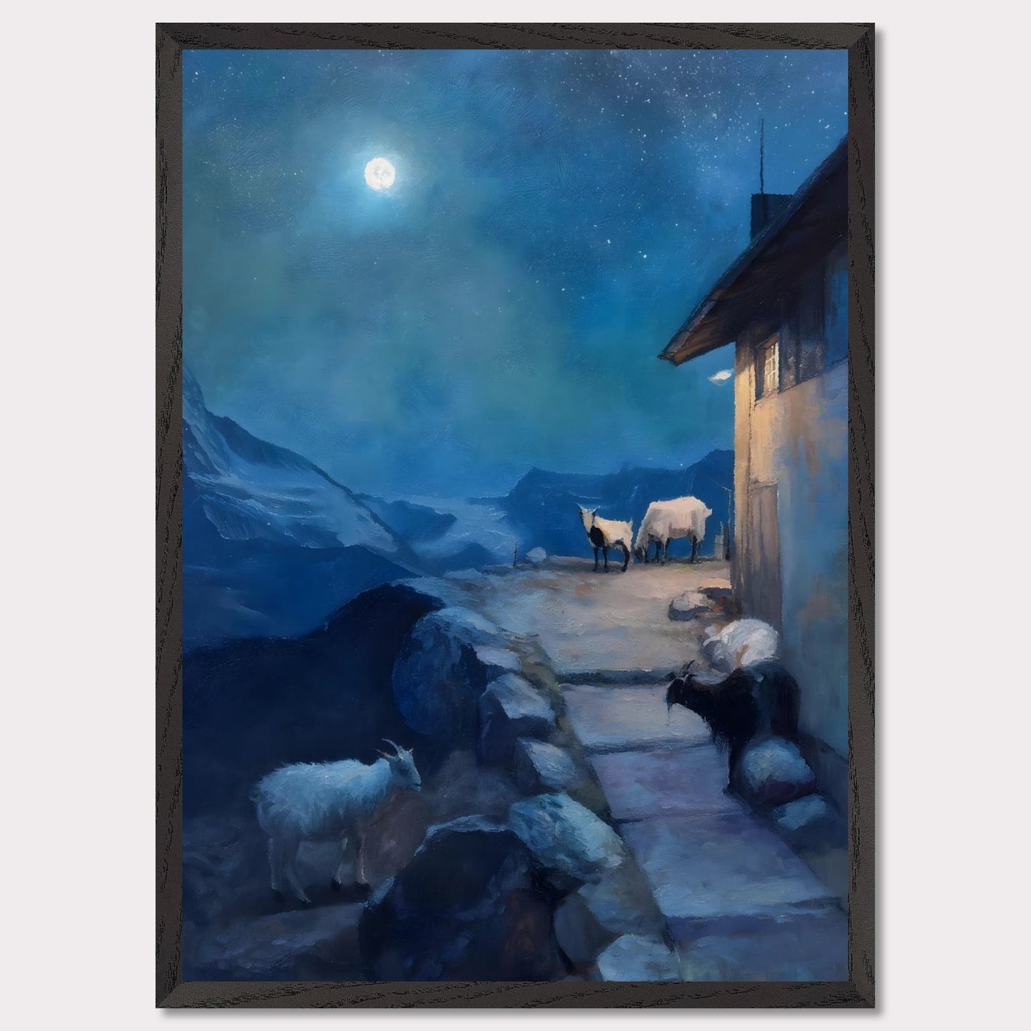 A full moon glows above a tranquil alpine scene, where goats linger quietly near a mountain hut. The sky shimmers with stars, the landscape wrapped in soft blues and shadows. There’s no rush here — only the deep breath of night.