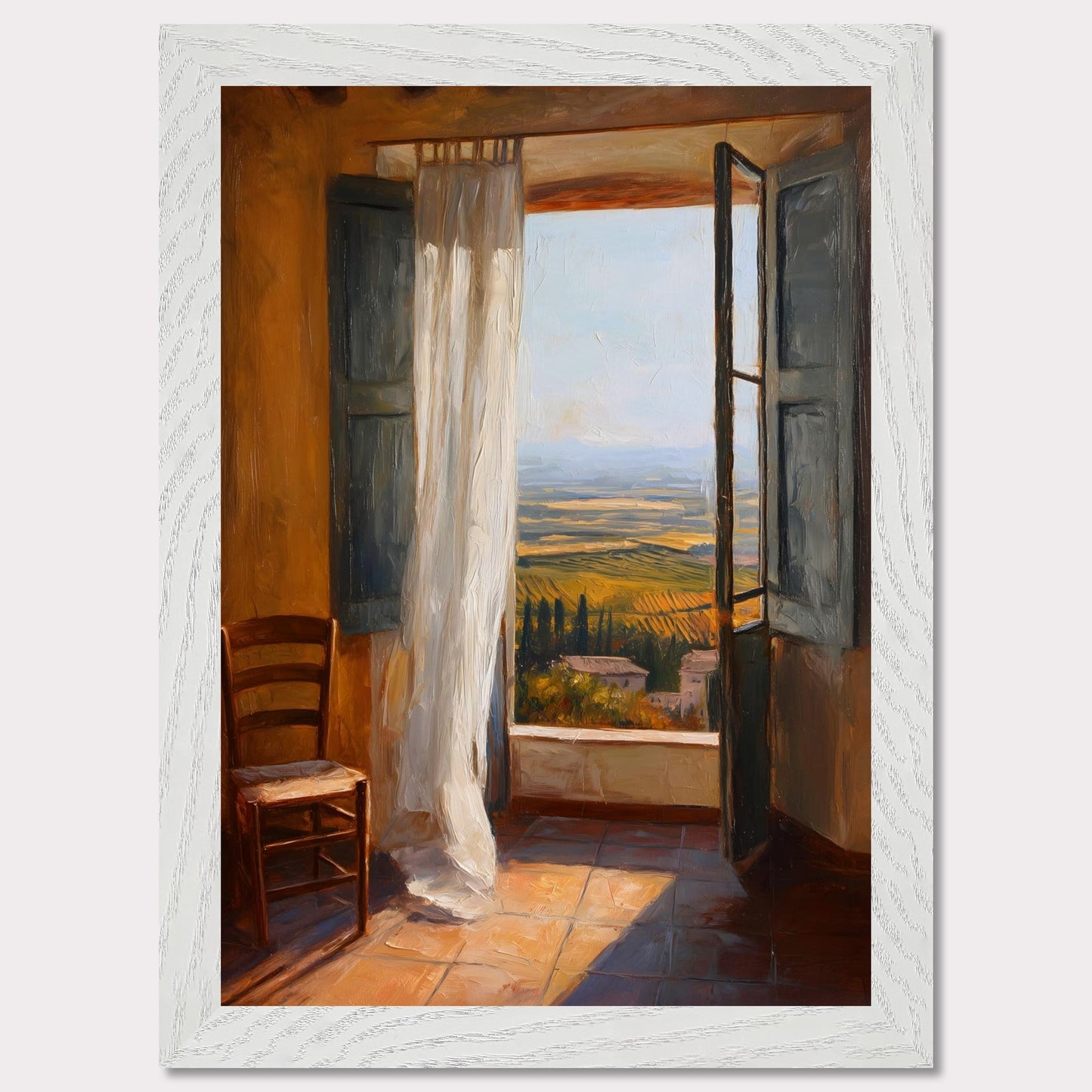 A sheer curtain lifts in warm air as golden vineyards unfold beneath a terracotta sill. A simple wooden chair waits in sunlit silence. This image is a breath of stillness, an ode to rhythm, warmth, and space.
