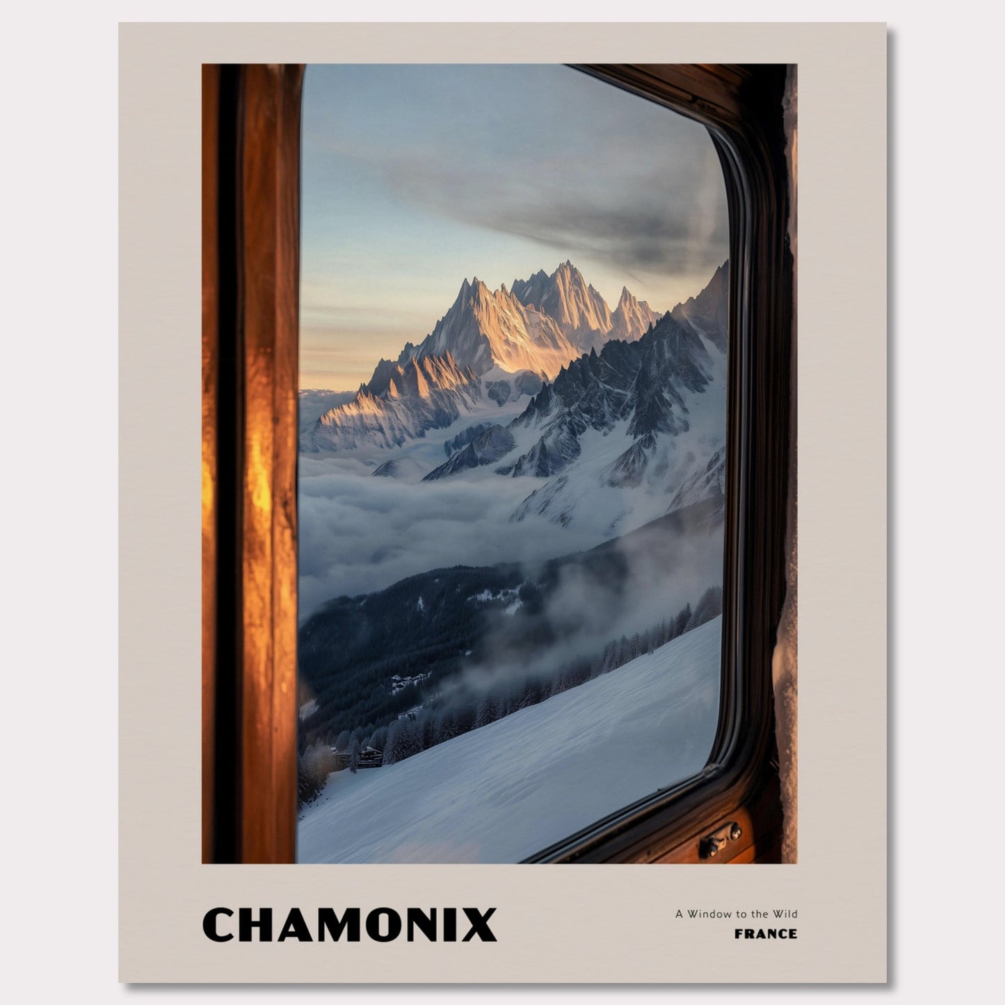 Poster titled 'CHAMONIX. A Window to the Wild' from ArtDarts