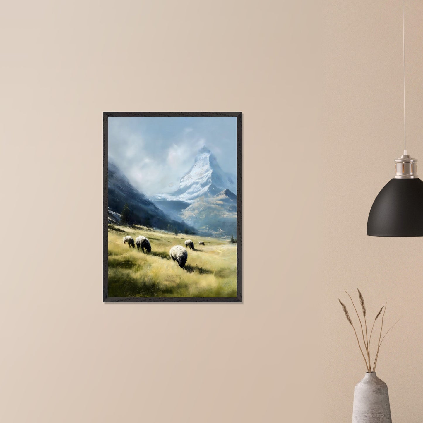 In the shadow of the Matterhorn, sheep graze peacefully on sunlit fields. This pastoral scene blends the grandeur of the Alps with the charm of rural life. The softness of the animals and golden grass contrasts beautifully with the snow-covered majesty above.
