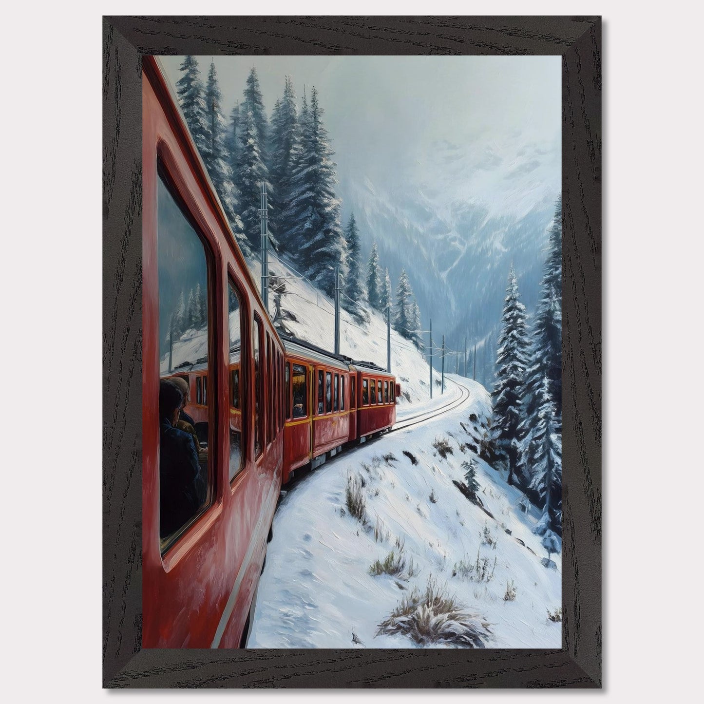 A red alpine train rounds a snow-covered bend, threading between pine-clad slopes and winter valleys. Reflections in the windows hint at warm journeys through a frozen world. This image hums with motion and memory — an homage to travel, contrast, and time.