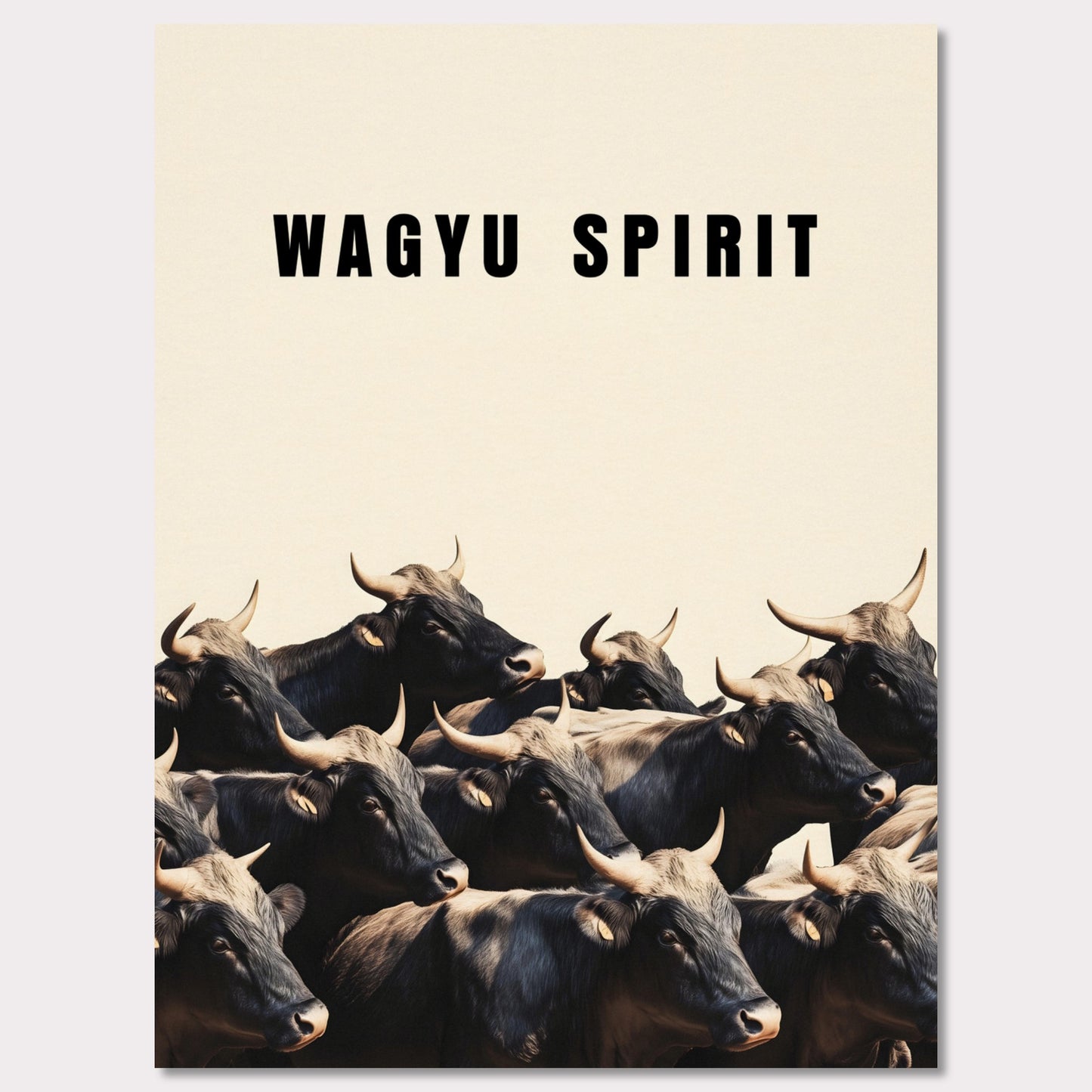 This illustration shows a group of black cattle with horns, set against a light background. The text "WAGYU SPIRIT" is prominently displayed at the top.
This poster will fit well in a kitchen, dining area, restaurant, or any space related to food and culinary arts.