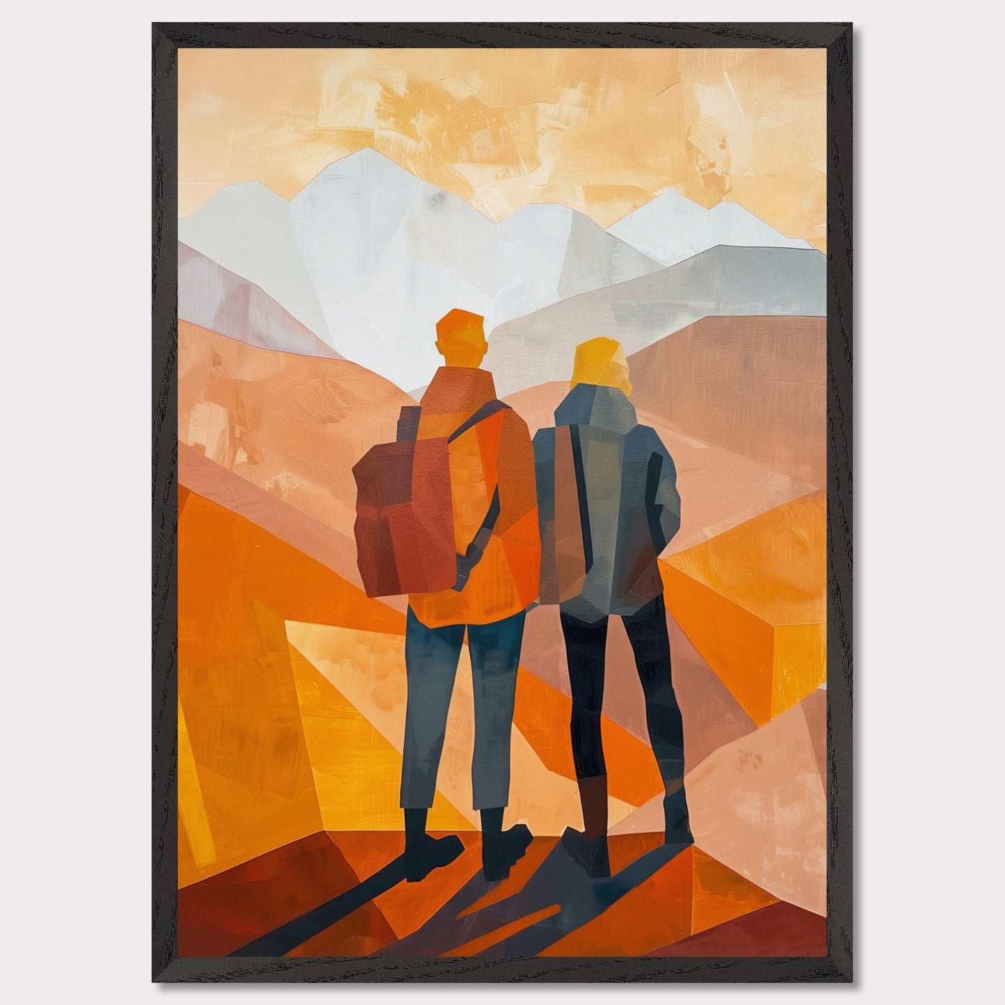 This illustration depicts two figures standing side by side, gazing at a mountainous landscape.
This poster would fit well in a living room, hallway, office, or any space that benefits from artistic and inspirational decor.