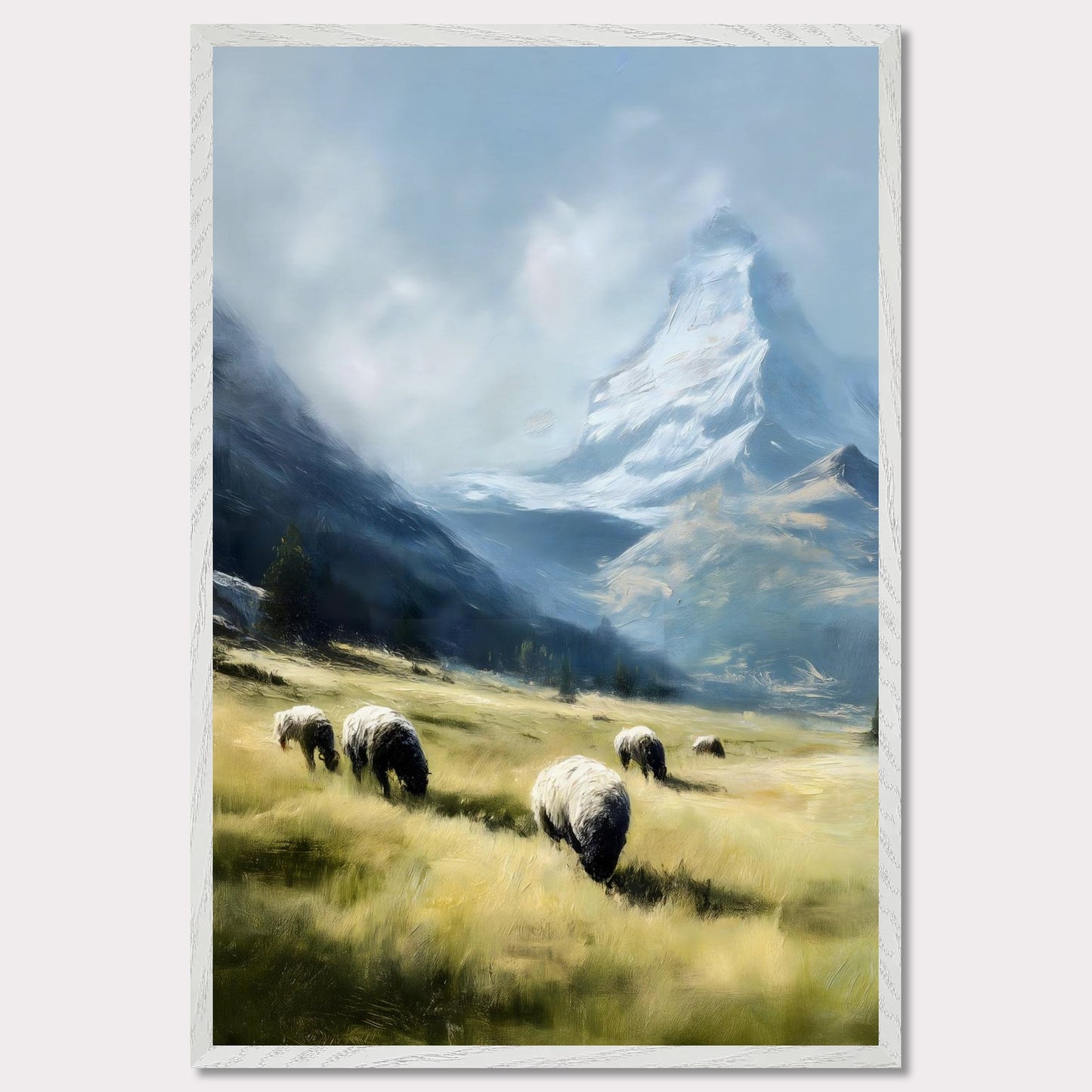 In the shadow of the Matterhorn, sheep graze peacefully on sunlit fields. This pastoral scene blends the grandeur of the Alps with the charm of rural life. The softness of the animals and golden grass contrasts beautifully with the snow-covered majesty above.