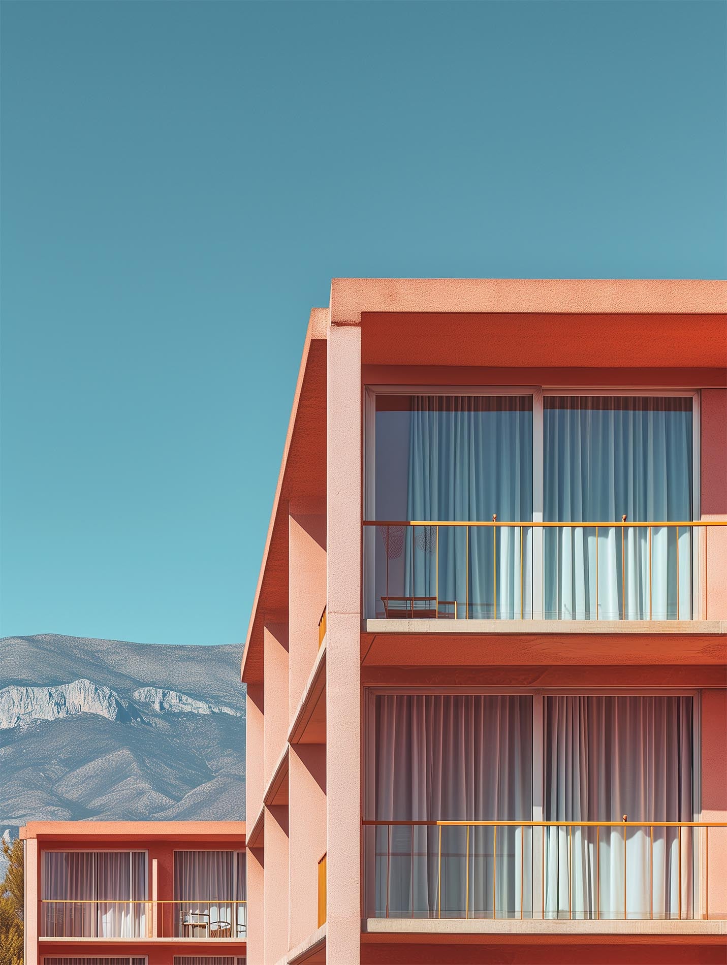 Poster titled 'Pink houses with mountains in the background' from ArtDarts