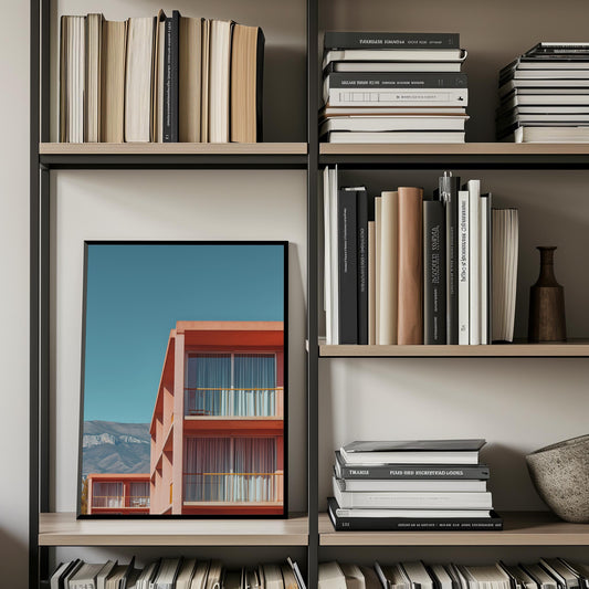 Poster titled 'Pink houses with mountains in the background' from ArtDarts