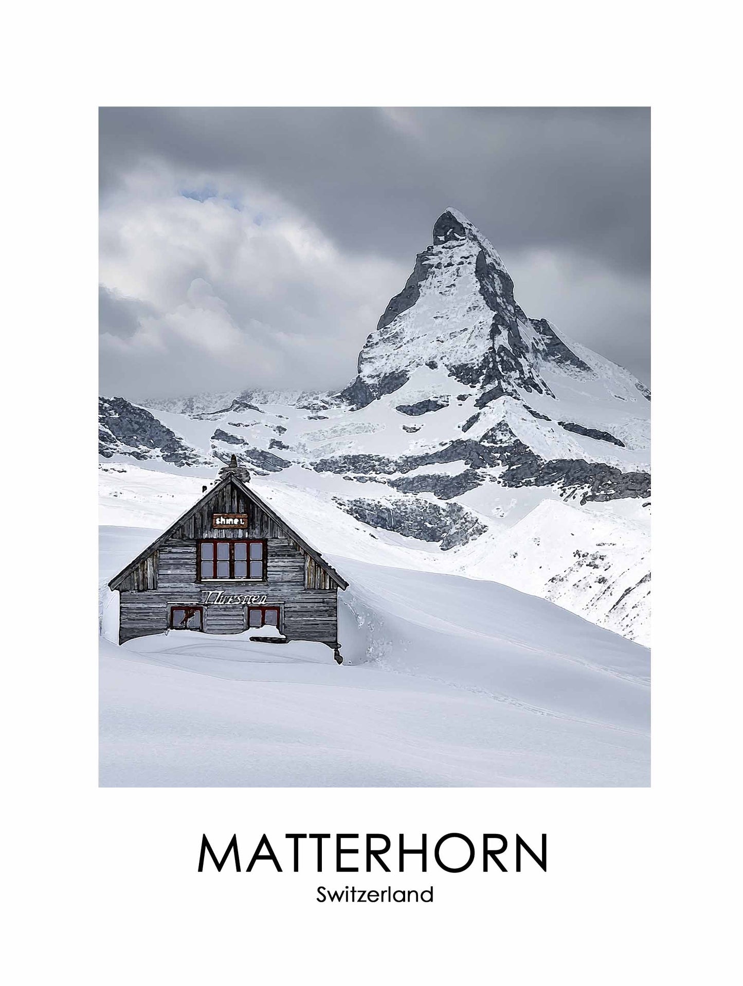 Poster titled 'Winter House on Mount Matterhorn Poster' from ArtDarts