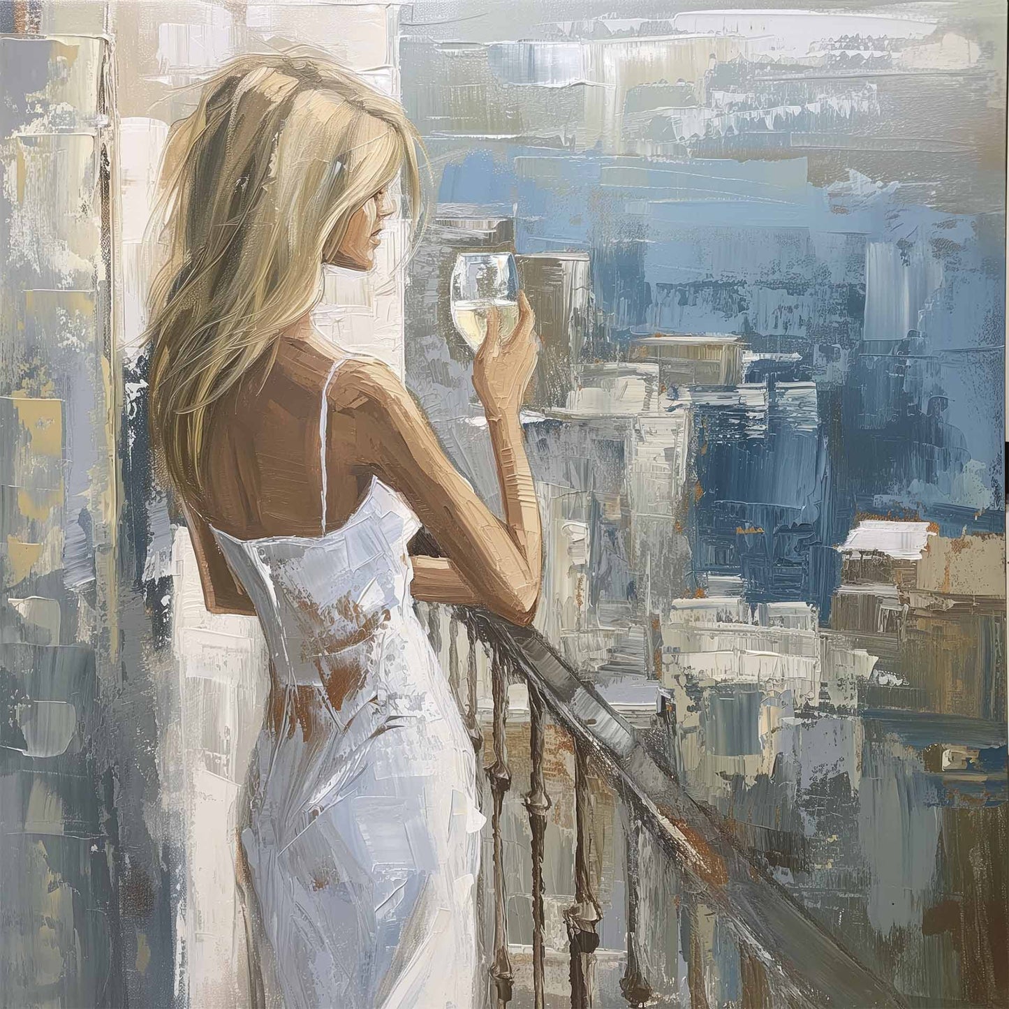 Poster titled 'Girl on the balcony with wine Poster' from ArtDarts