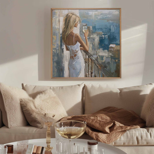 Poster titled 'Girl on the balcony with wine Poster' from ArtDarts