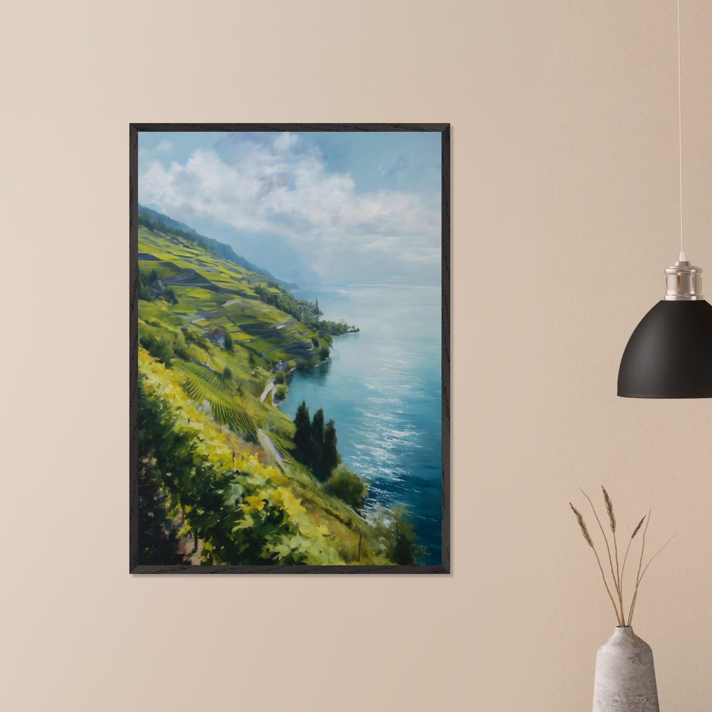 Terraced vines stretch along a quiet shore as morning mist lifts from the water. Blue tones dominate, cooled by wind. This image is a lakeside whisper, an ode to patience, form, and clarity.