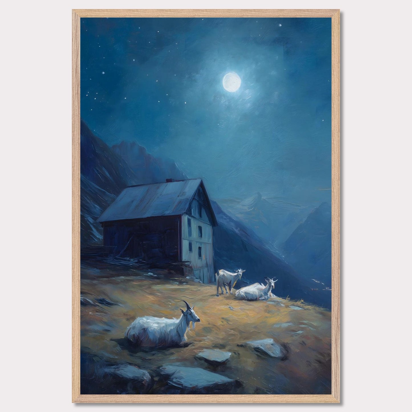 Under a deep blue sky scattered with stars, a mountain slope glows with soft amber light. Goats roam quietly near a rustic alpine hut. This is a portrait of calm routine under a grand sky — both humble and cosmic.