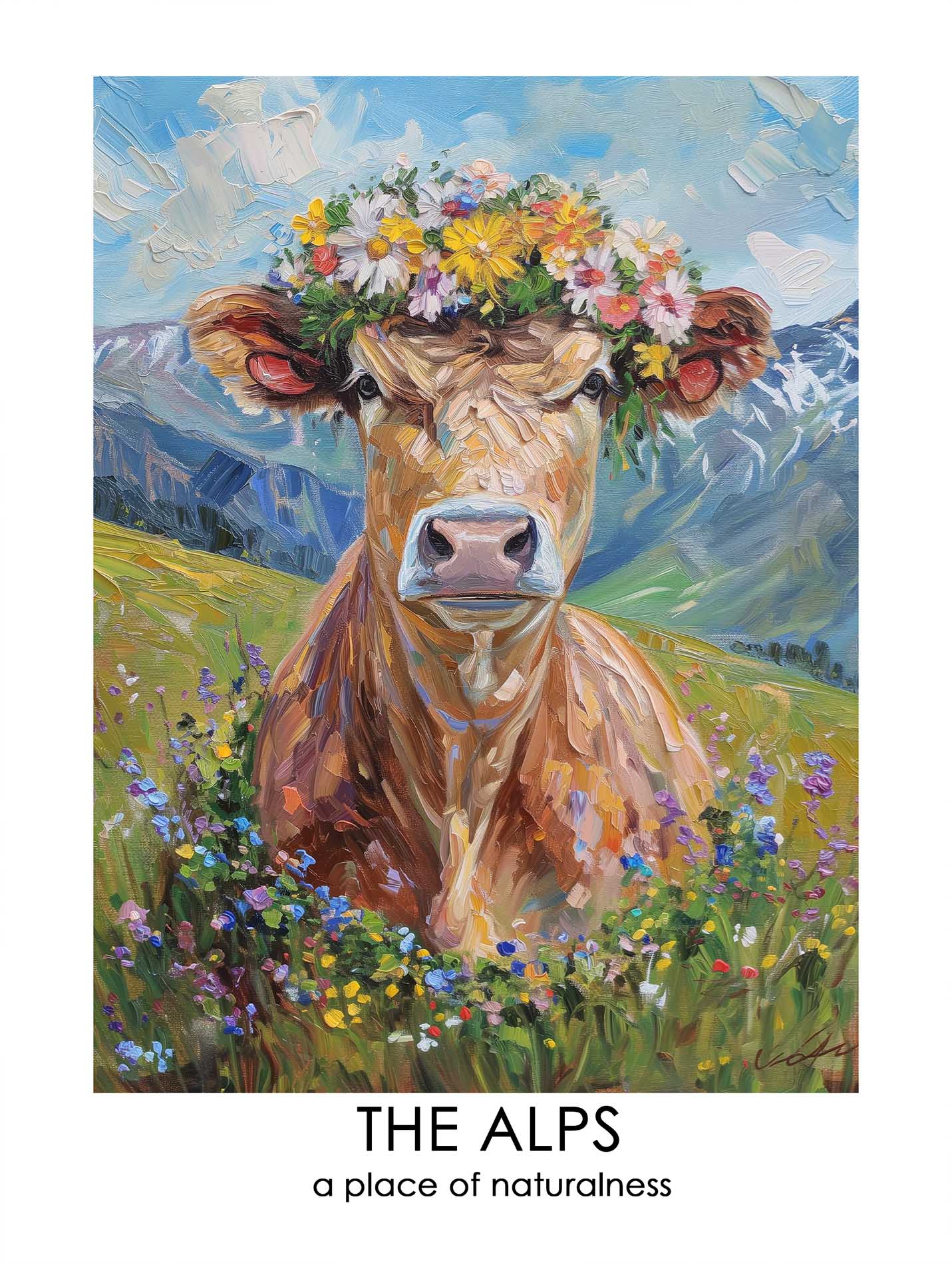 Poster titled 'Fluffy cow in a wreath Poster' from ArtDarts