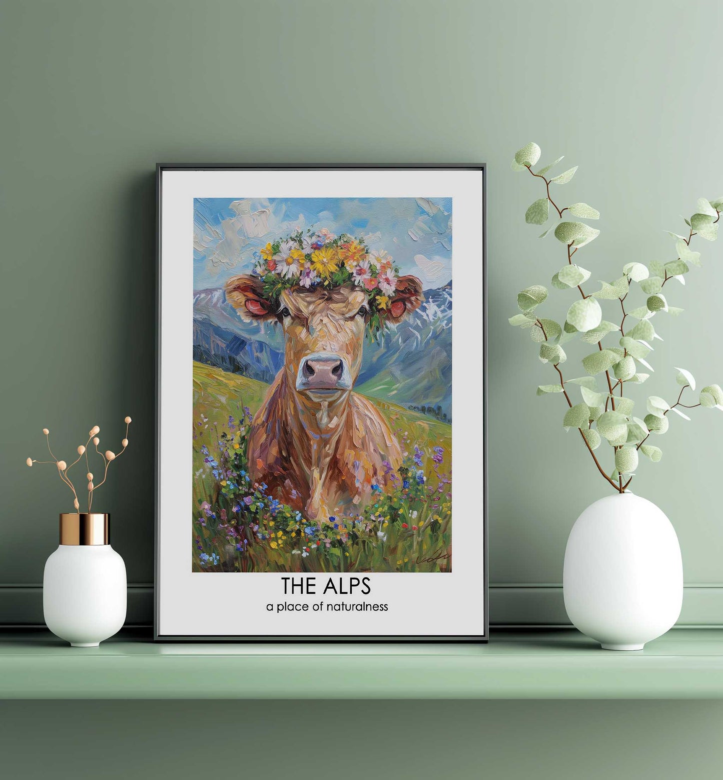 Poster titled 'Fluffy cow in a wreath Poster' from ArtDarts