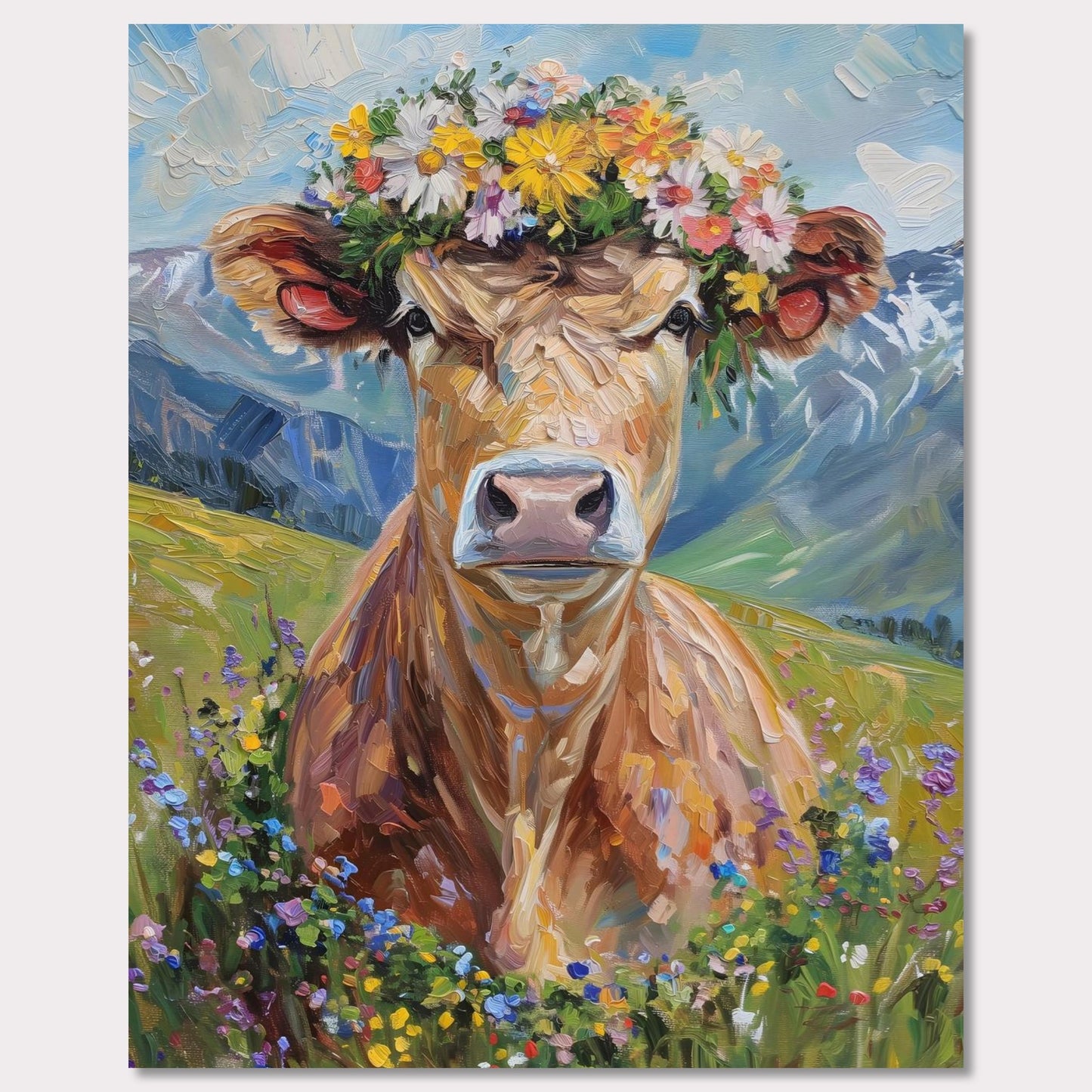 Poster titled 'Fluffy cow in a wreath Poster' from ArtDarts